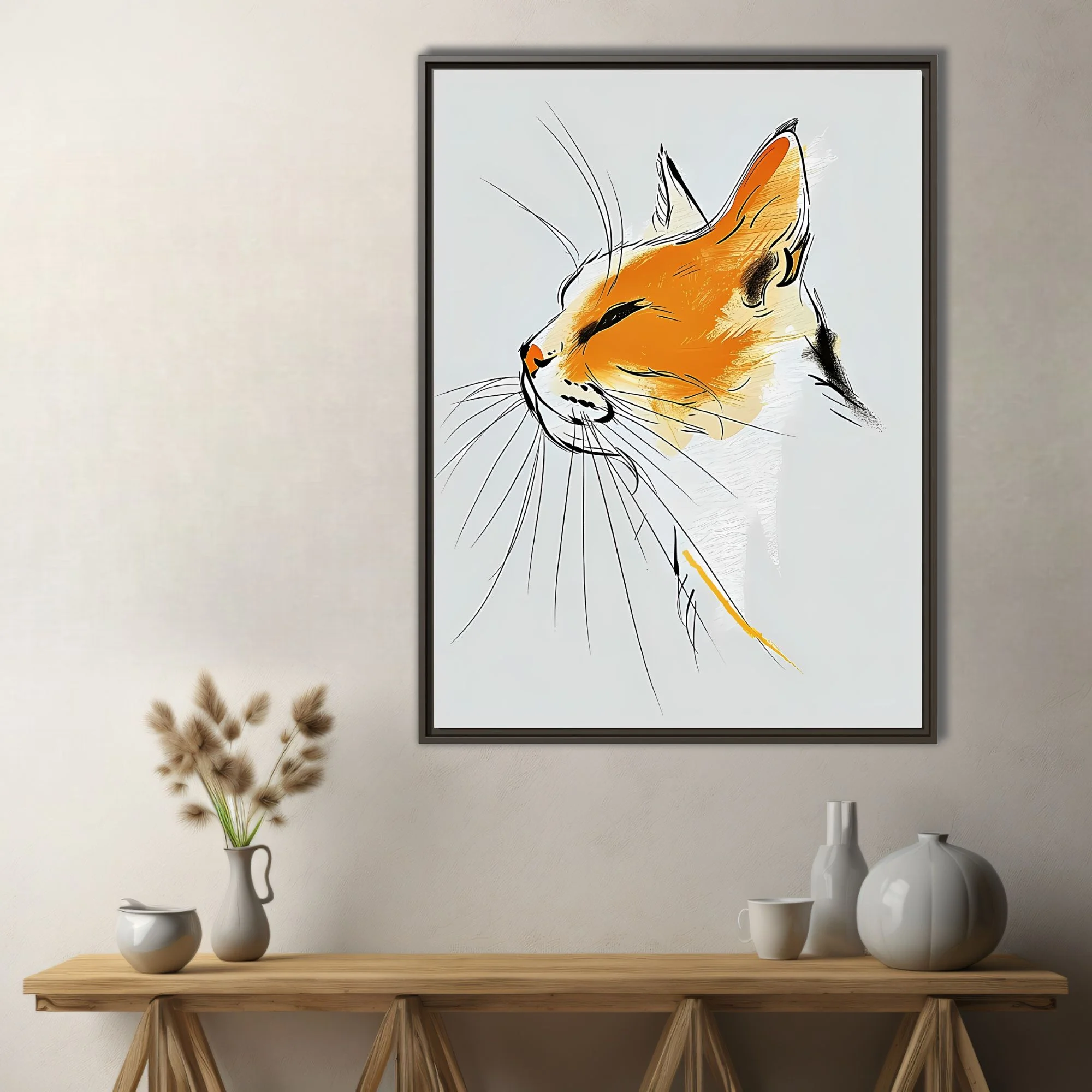 Abstract orange cat portrait with expressive ink-style linework on pale grey background