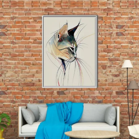 Abstract line-drawn cat portrait in cream, crimson, ochre and ink — minimalist modern wall art
