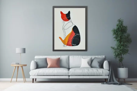 Minimalist abstract cat illustration, tricolor black red amber line art