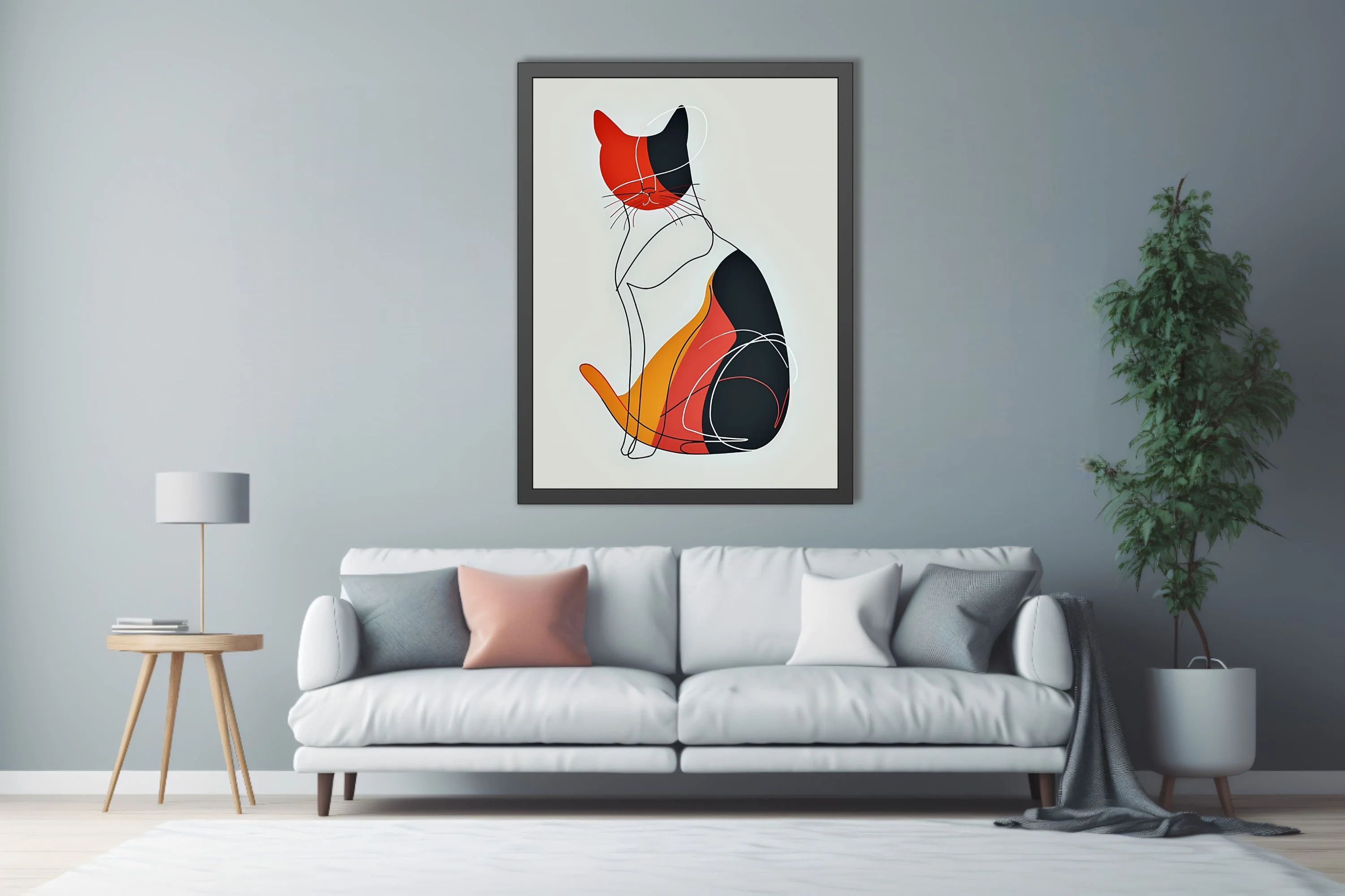Minimalist abstract cat illustration, tricolor black red amber line art