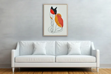 Minimalist abstract cat illustration in red, orange, and black with fluid line-art