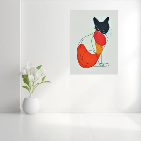 Mid-century minimalist abstract cat line art in red, orange, and black