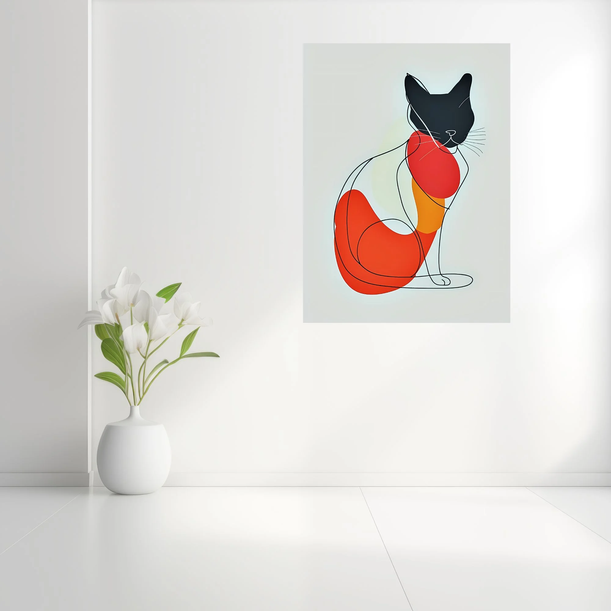 Mid-century minimalist abstract cat line art in red, orange, and black