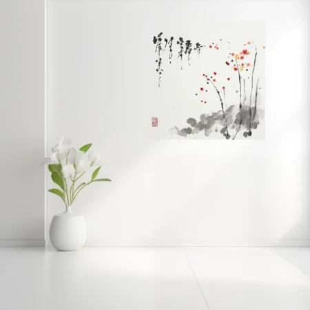 Chinese ink-style abstract with calligraphy, botanical forms, and red dot accents