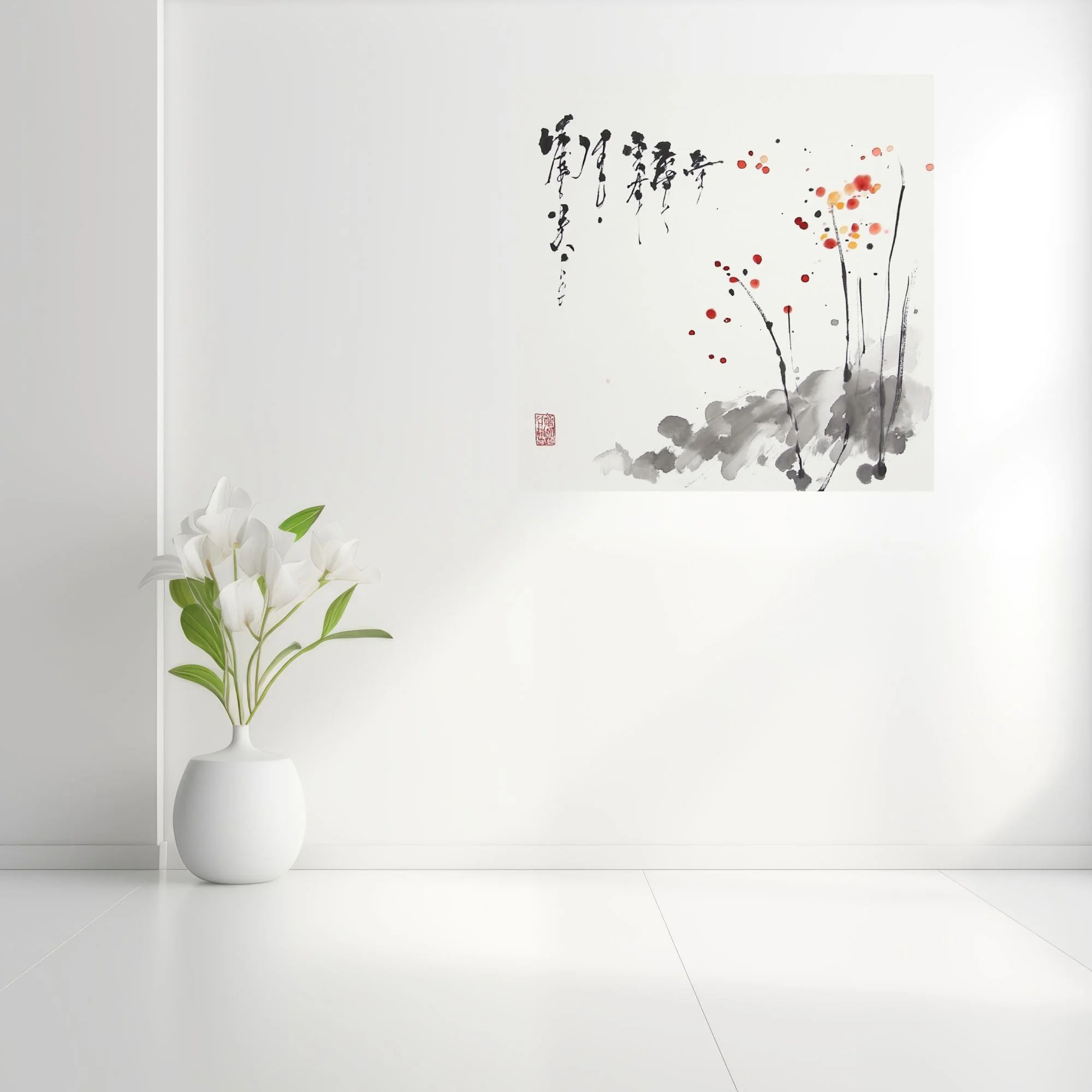 Chinese ink-style abstract with calligraphy, botanical forms, and red dot accents