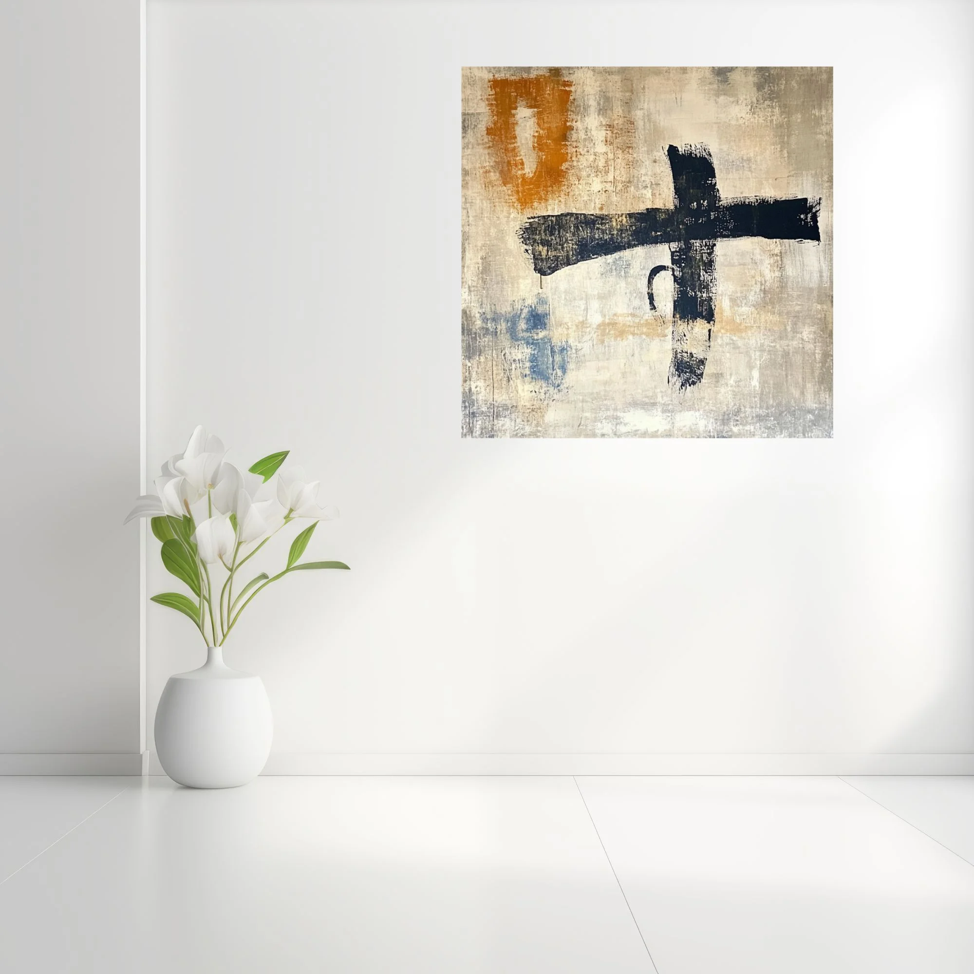 Abstract gestural strokes in black with ochre and indigo accents on weathered beige textured ground