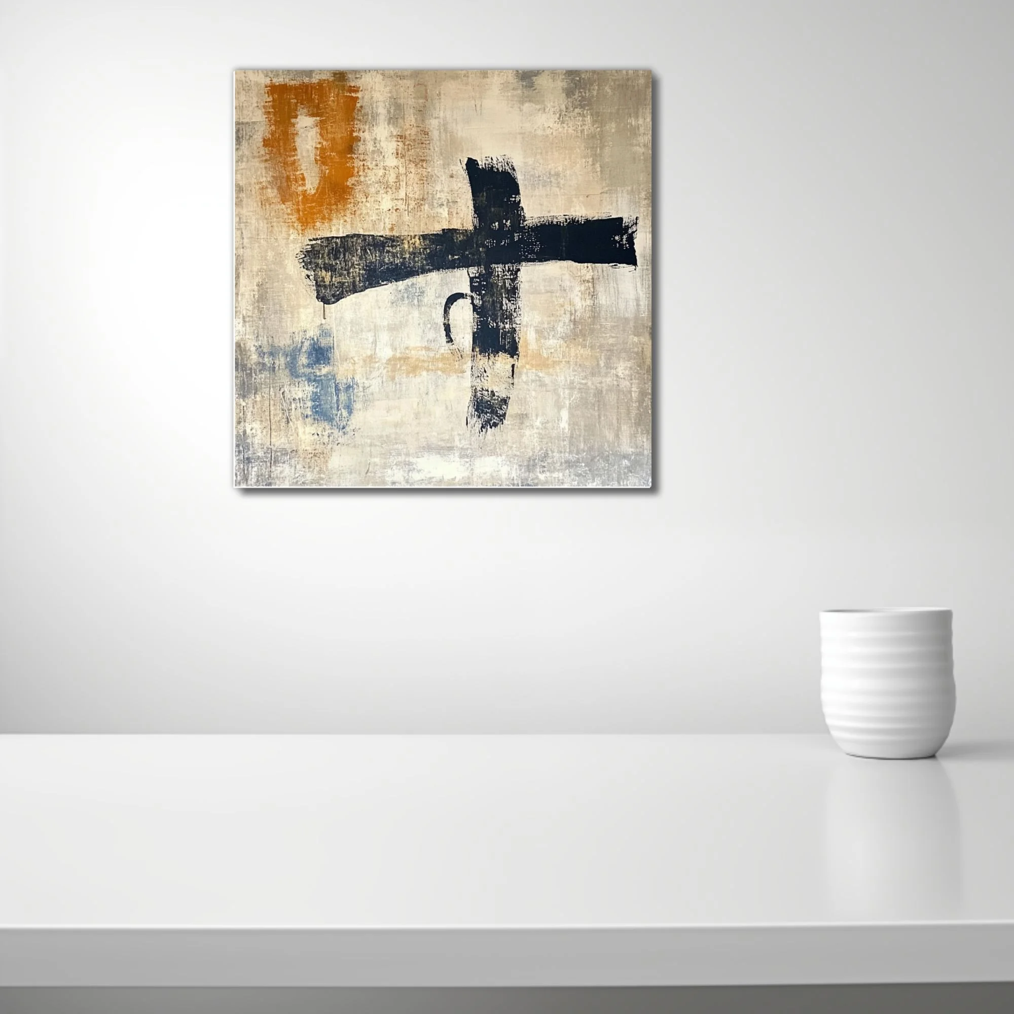 Abstract gestural strokes in black with ochre and indigo accents on weathered beige textured ground