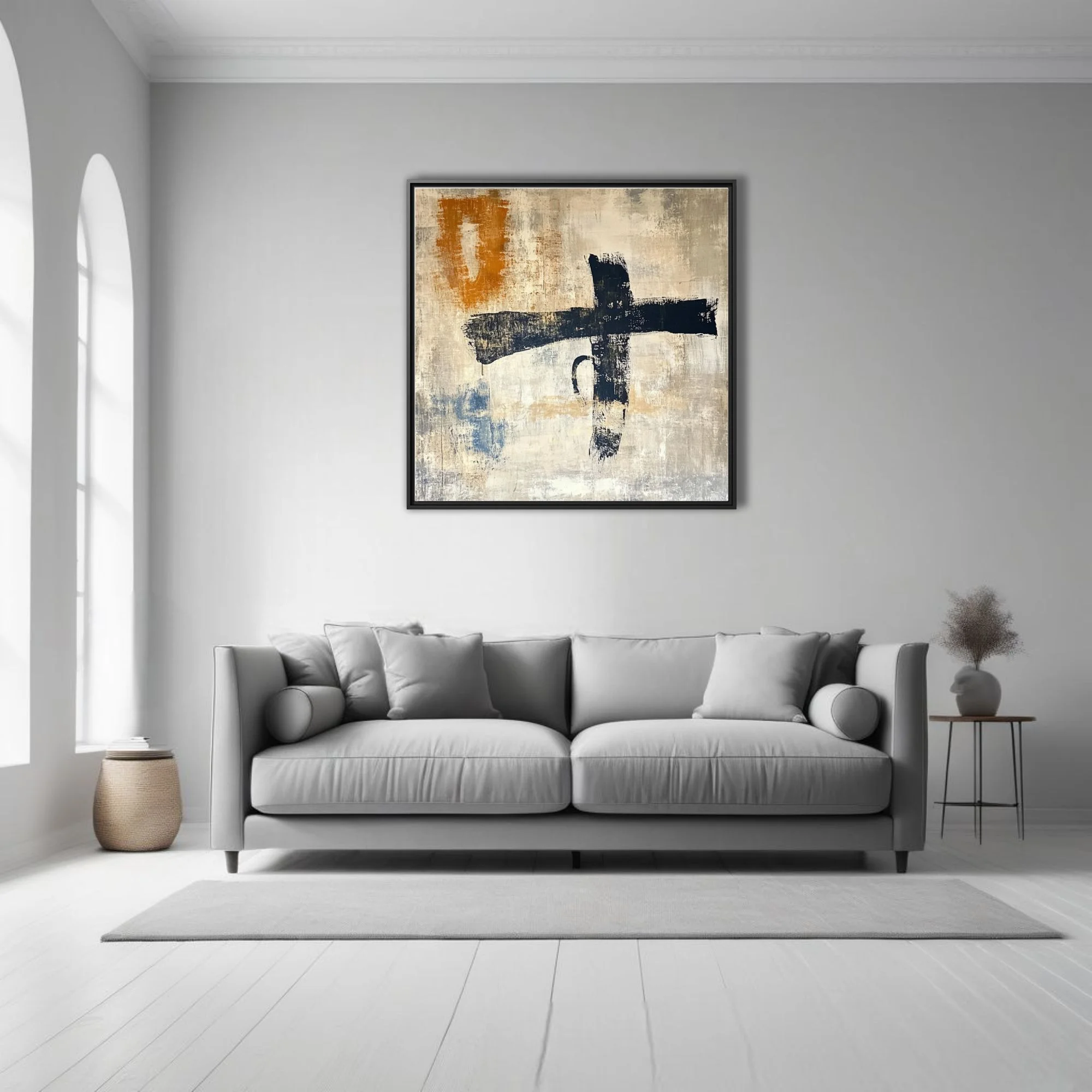 Abstract gestural strokes in black with ochre and indigo accents on weathered beige textured ground