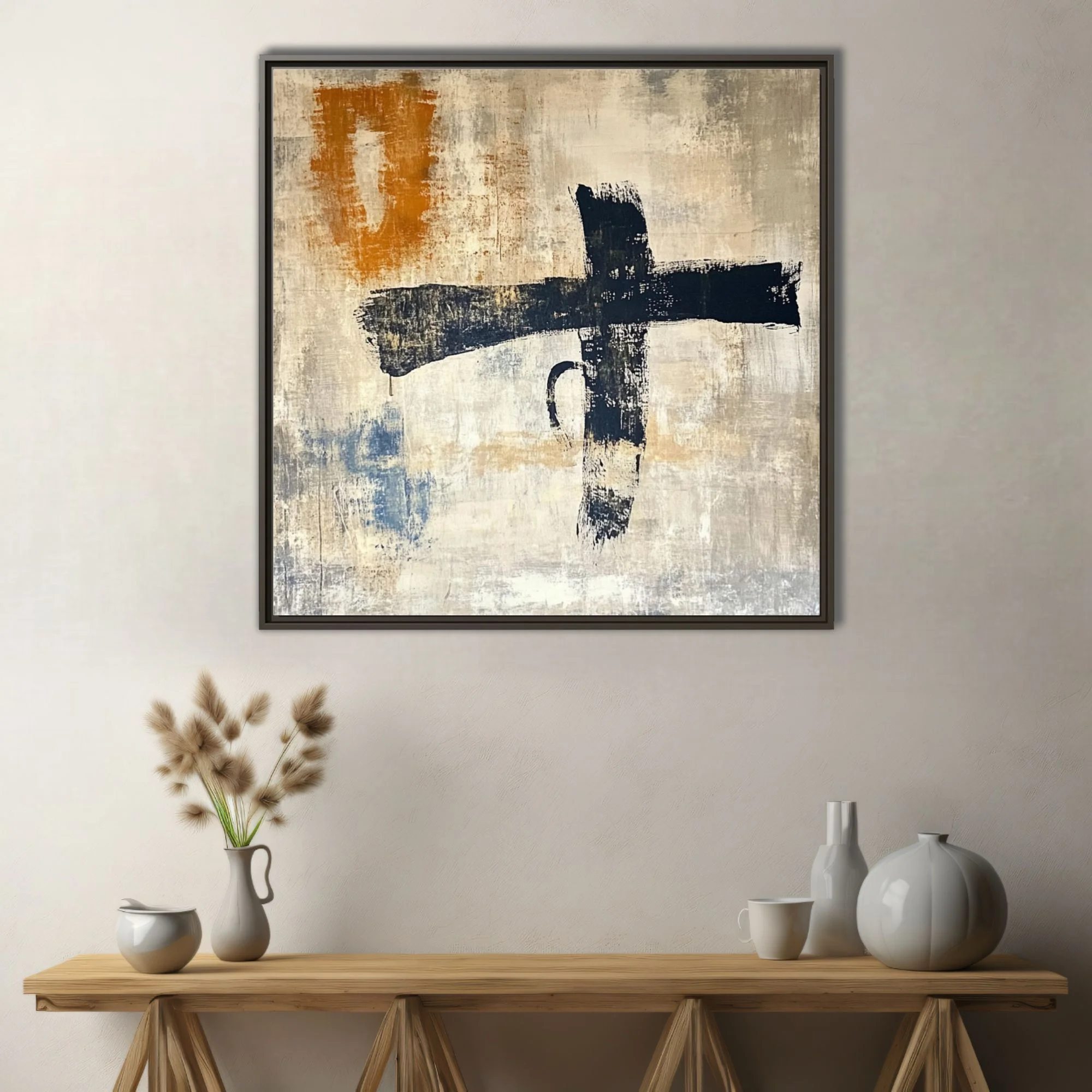 Abstract gestural strokes in black with ochre and indigo accents on weathered beige textured ground