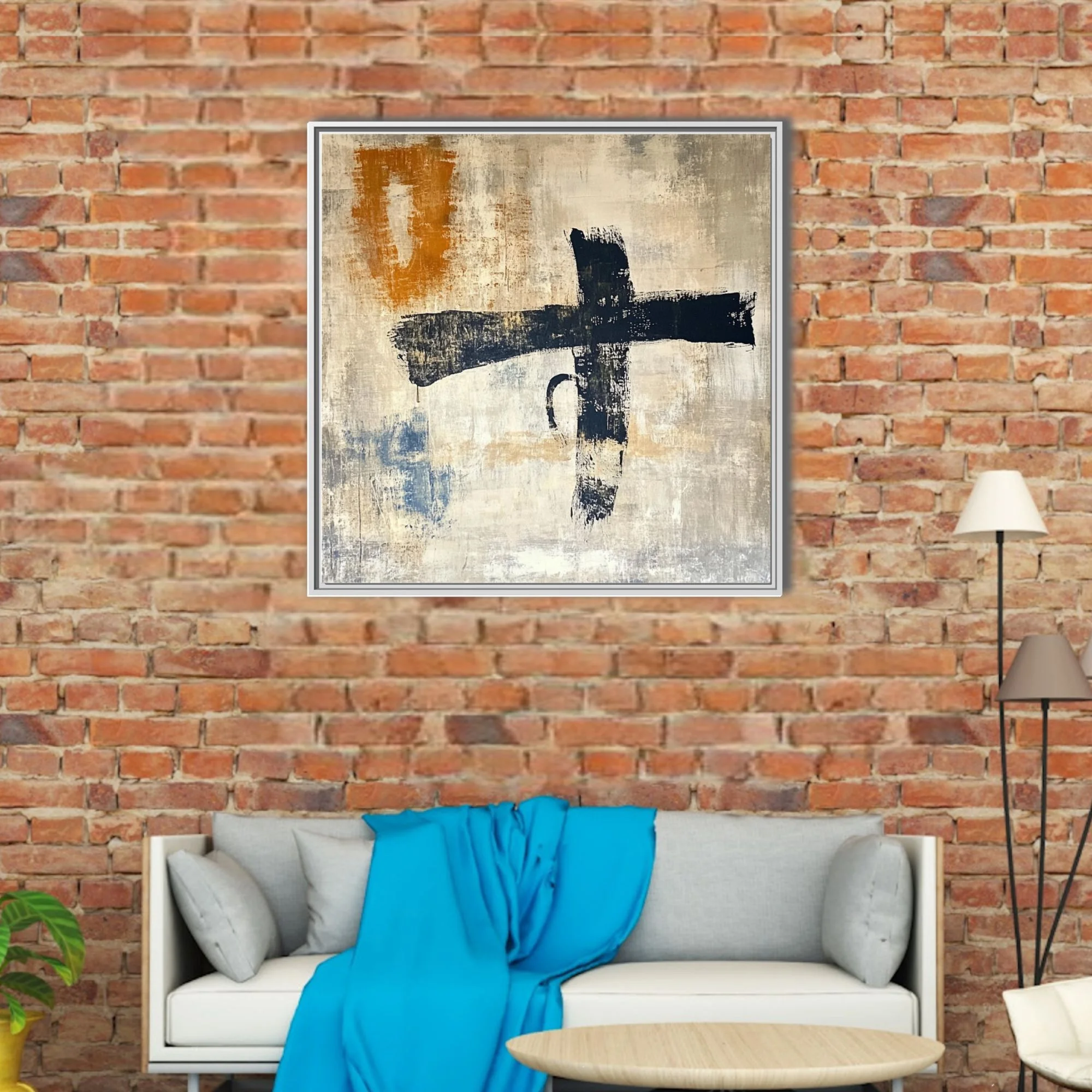 Abstract gestural strokes in black with ochre and indigo accents on weathered beige textured ground