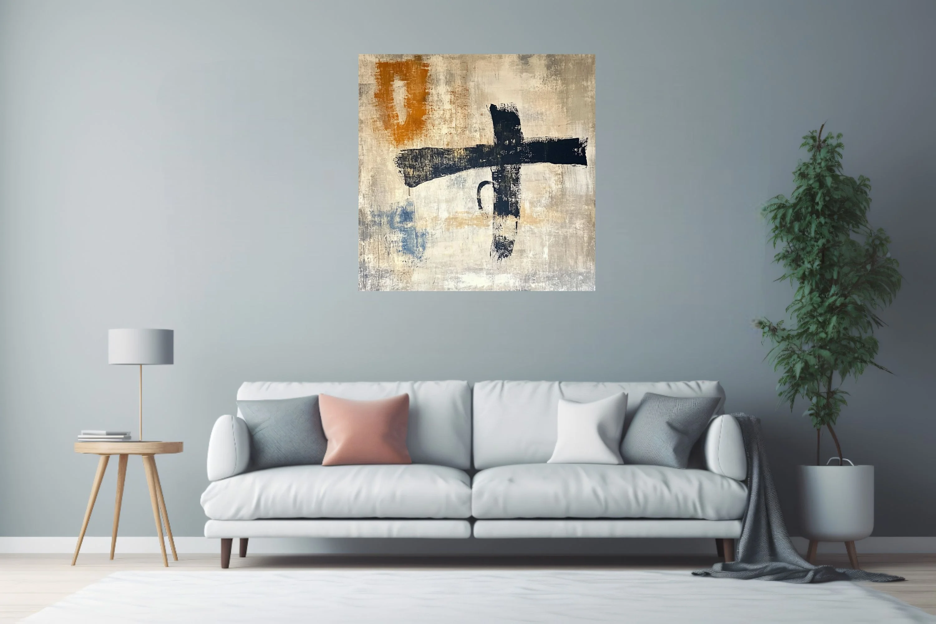 Abstract gestural strokes in black with ochre and indigo accents on weathered beige textured ground