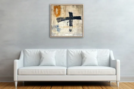 Abstract gestural strokes in black with ochre and indigo accents on weathered beige textured ground