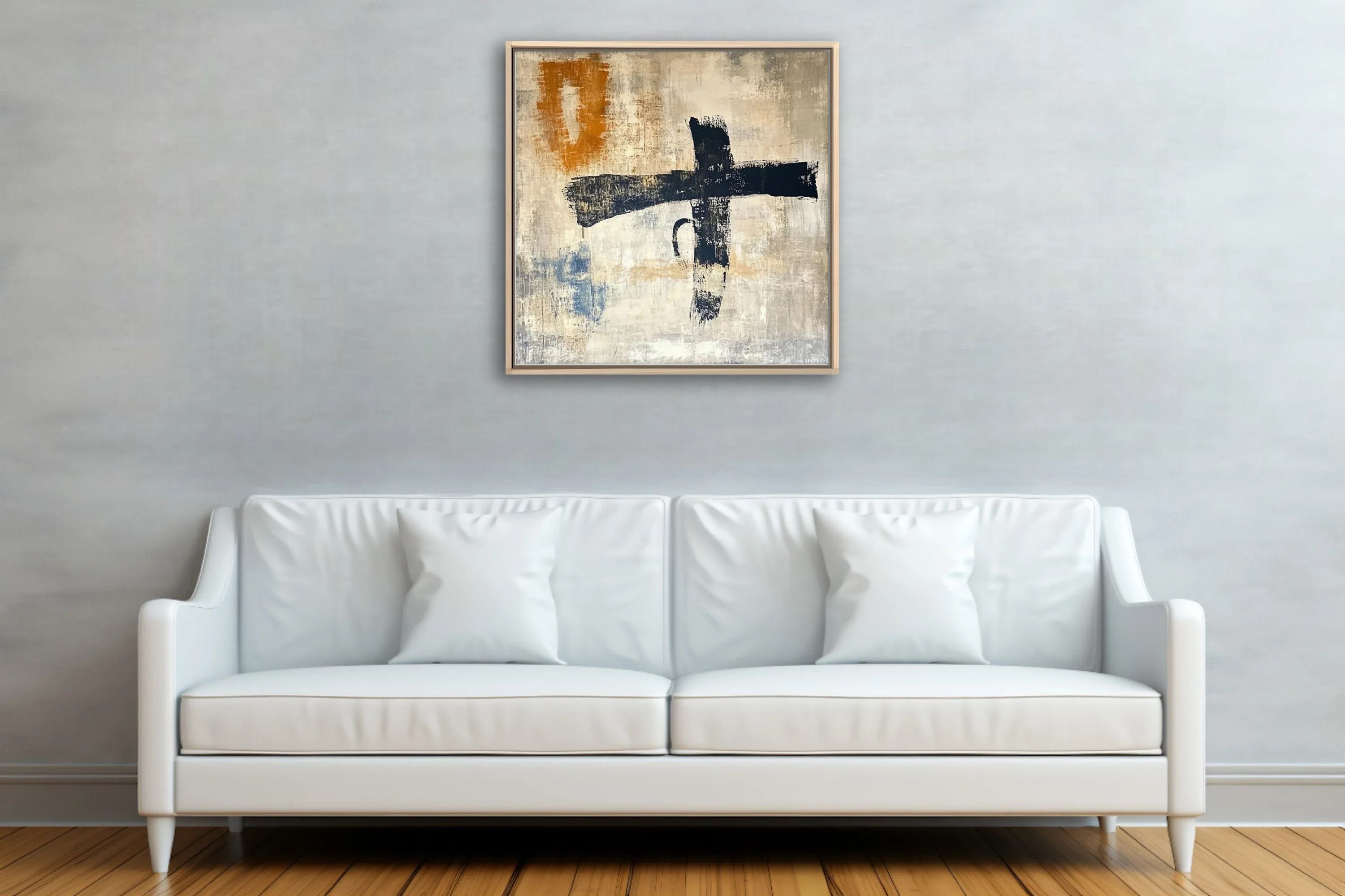 Abstract gestural strokes in black with ochre and indigo accents on weathered beige textured ground