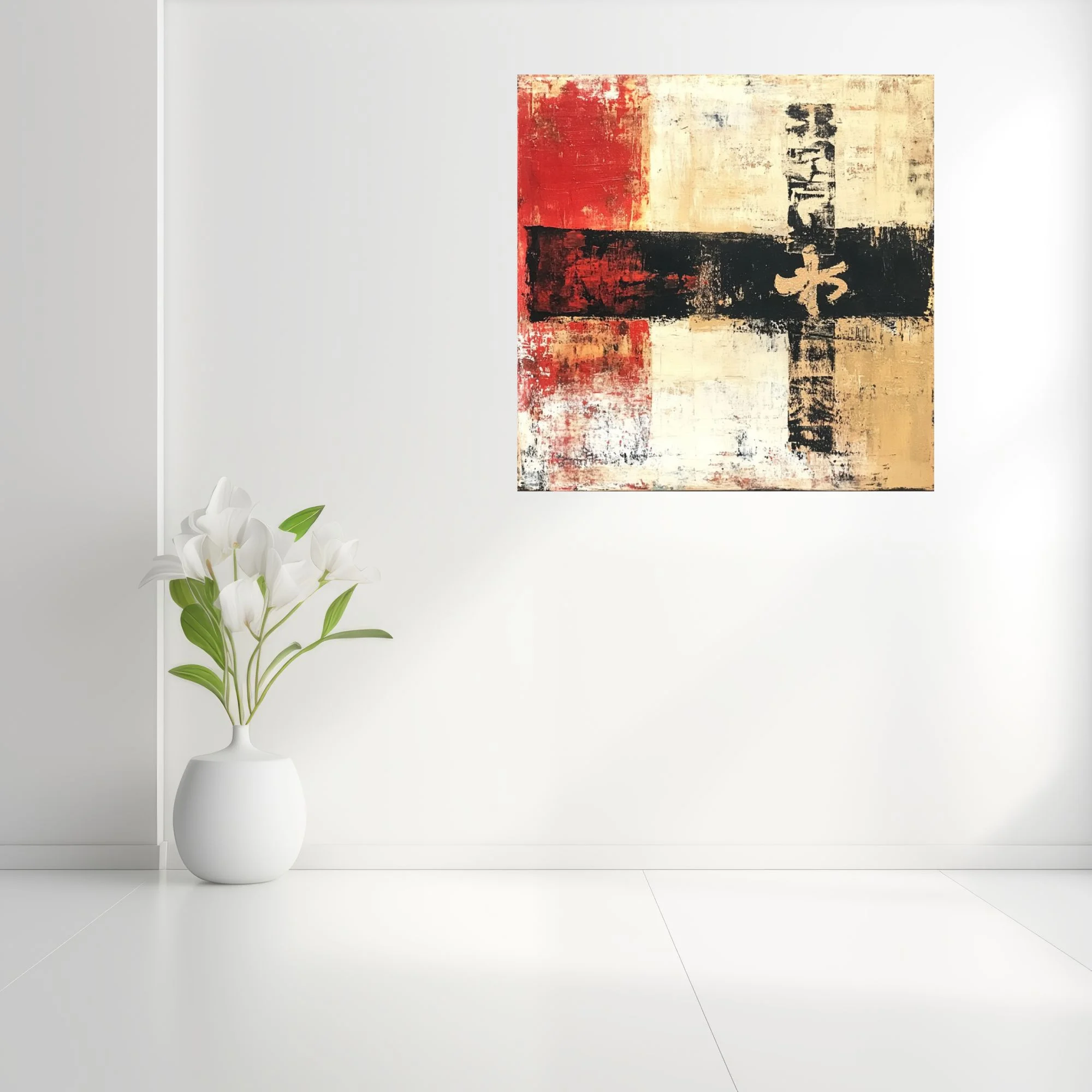 Contemporary abstract artwork in red, ivory, black, and gold with calligraphic motif and distressed texture