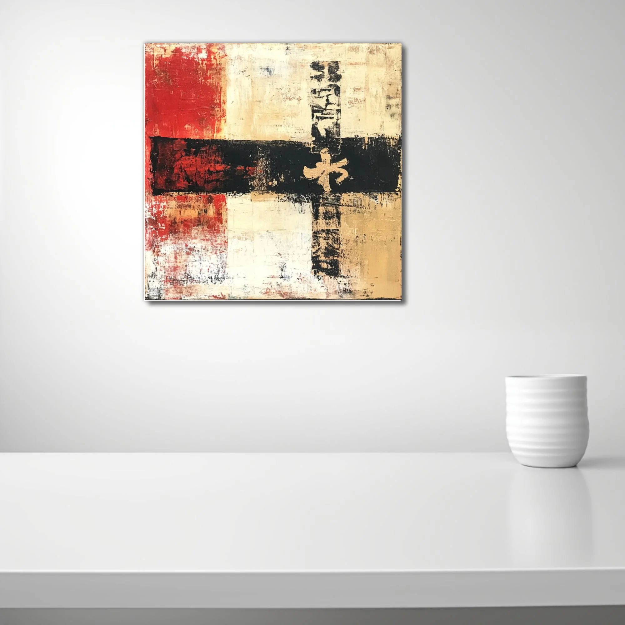 Contemporary abstract artwork in red, ivory, black, and gold with calligraphic motif and distressed texture