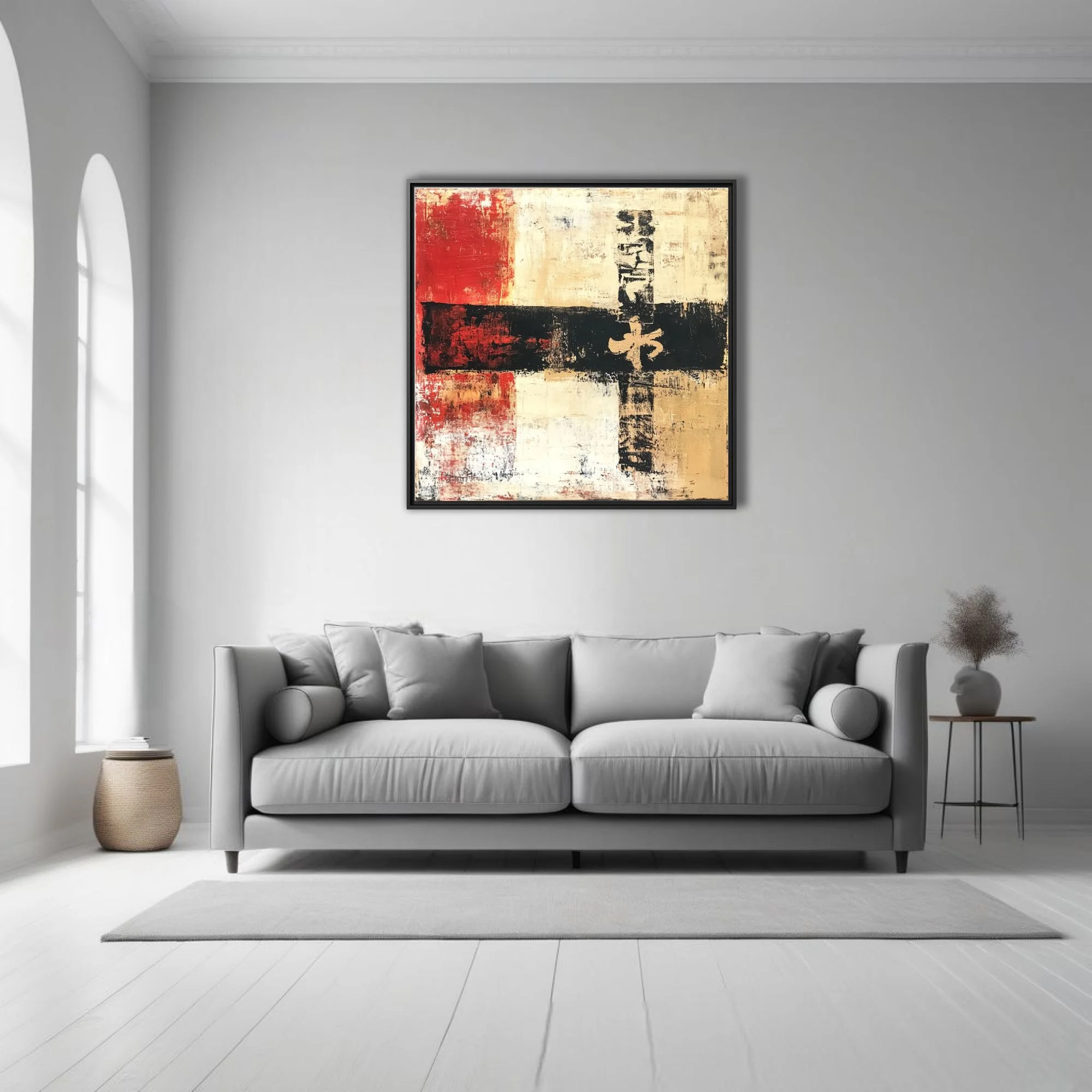 Contemporary abstract artwork in red, ivory, black, and gold with calligraphic motif and distressed texture