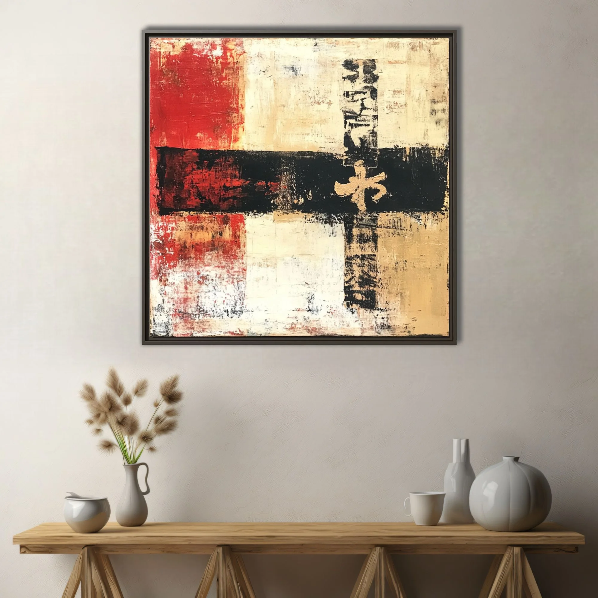 Contemporary abstract artwork in red, ivory, black, and gold with calligraphic motif and distressed texture