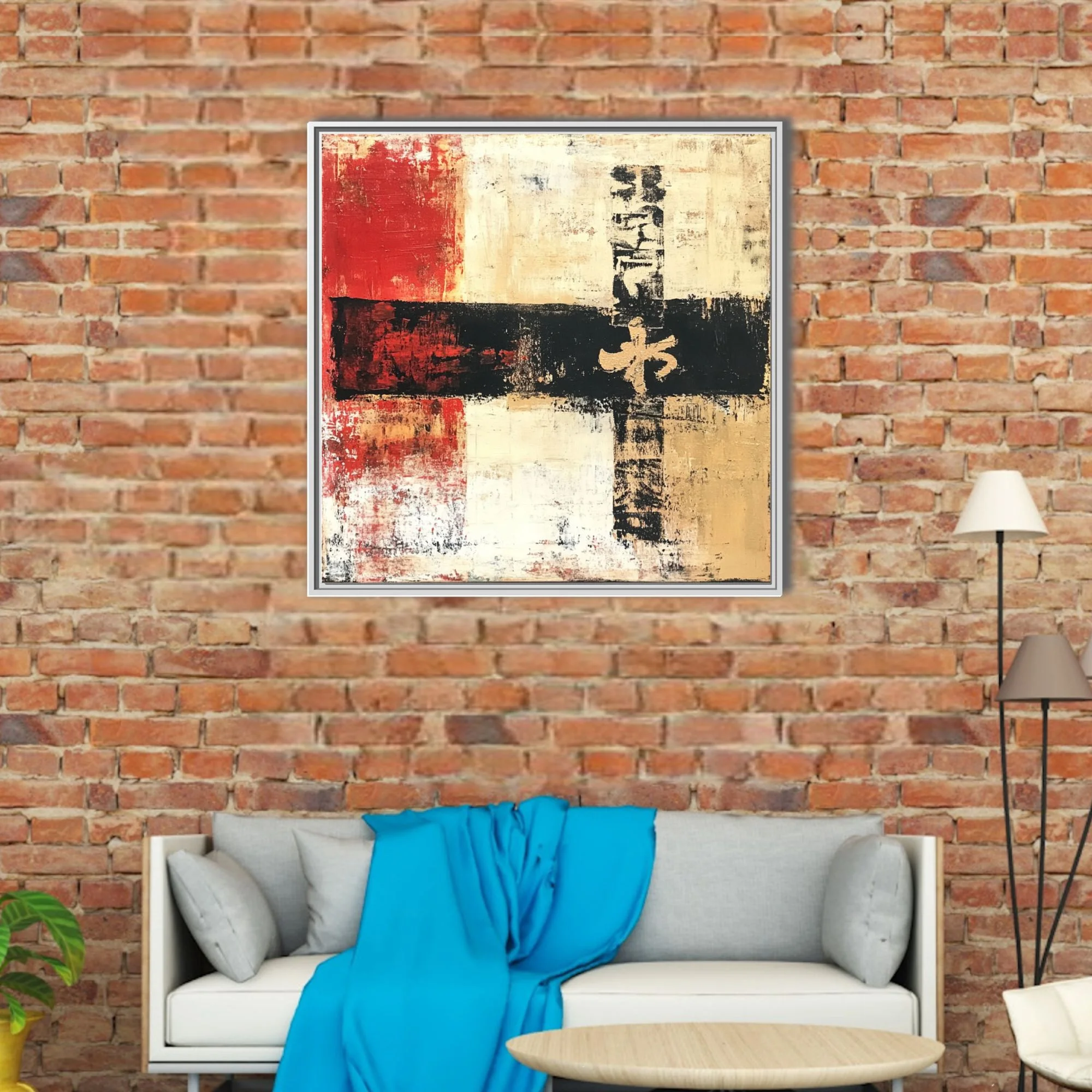Contemporary abstract artwork in red, ivory, black, and gold with calligraphic motif and distressed texture