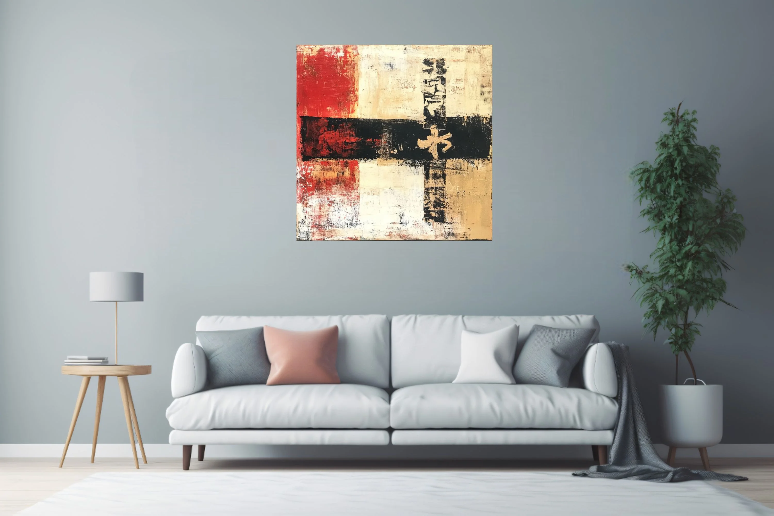 Contemporary abstract artwork in red, ivory, black, and gold with calligraphic motif and distressed texture