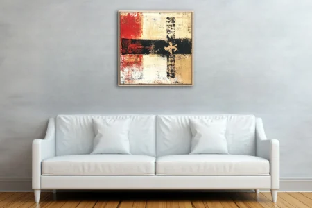 Contemporary abstract artwork in red, ivory, black, and gold with calligraphic motif and distressed texture