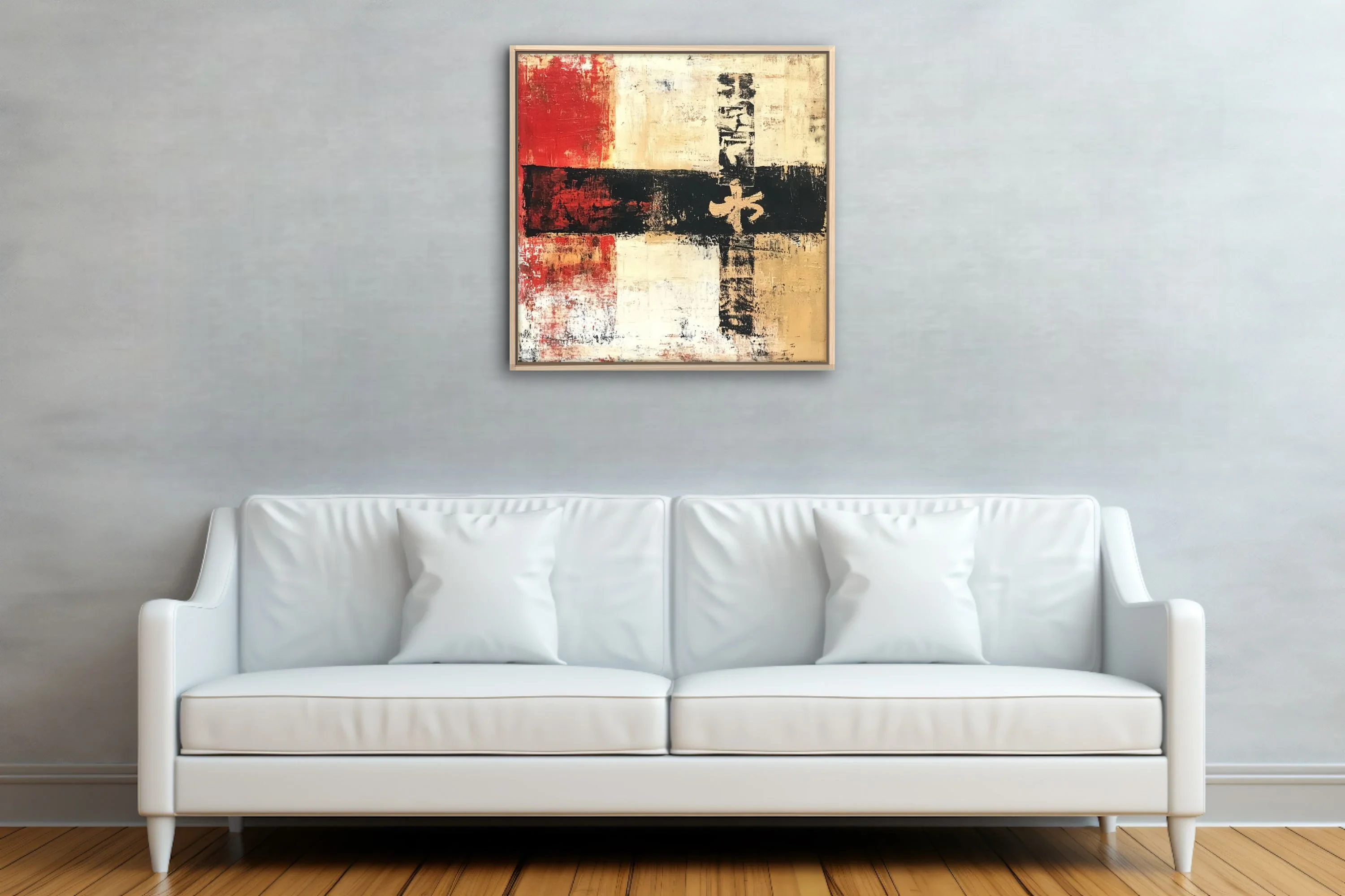 Contemporary abstract artwork in red, ivory, black, and gold with calligraphic motif and distressed texture