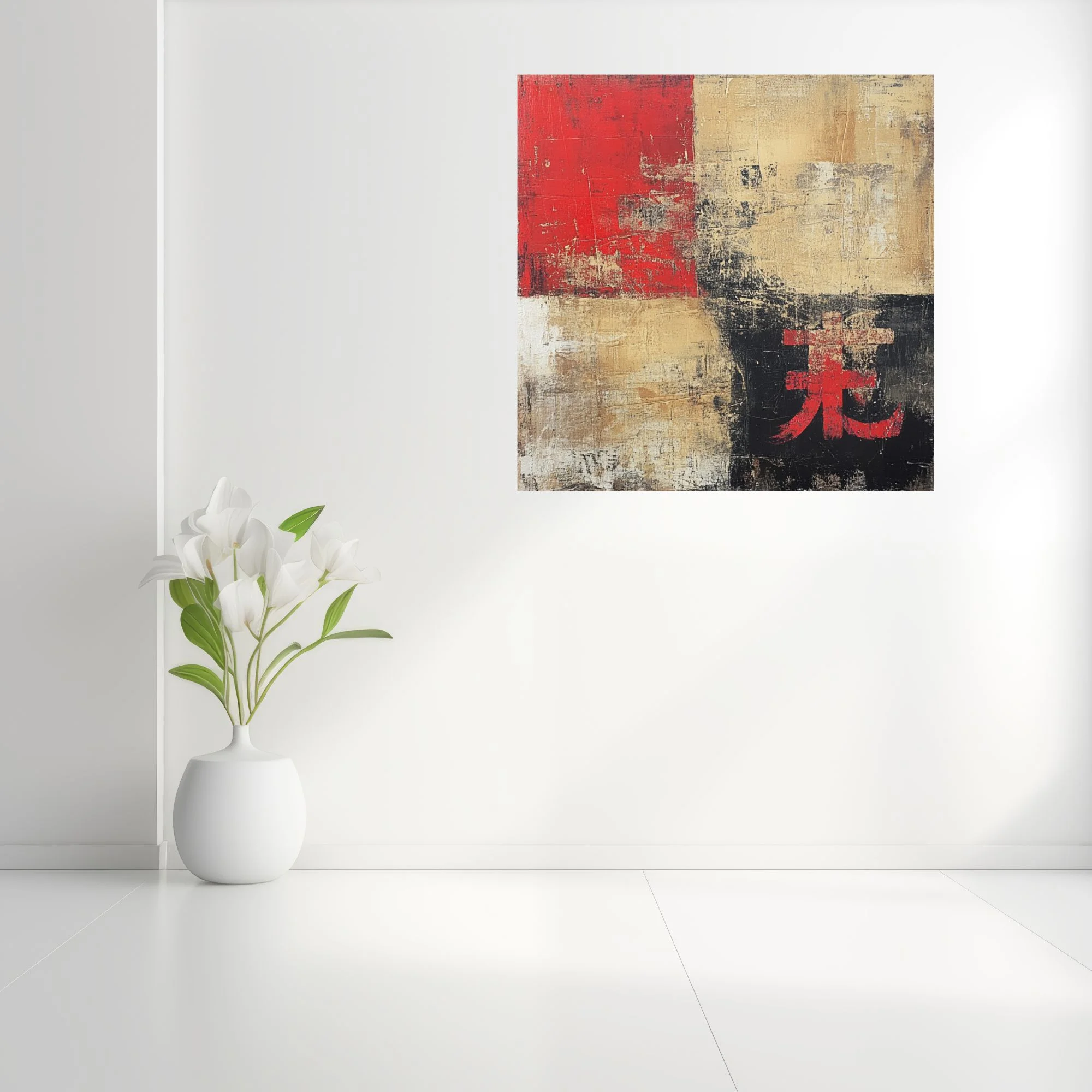 Abstract red, beige, and black color-block composition with weathered textures and Asian character motif