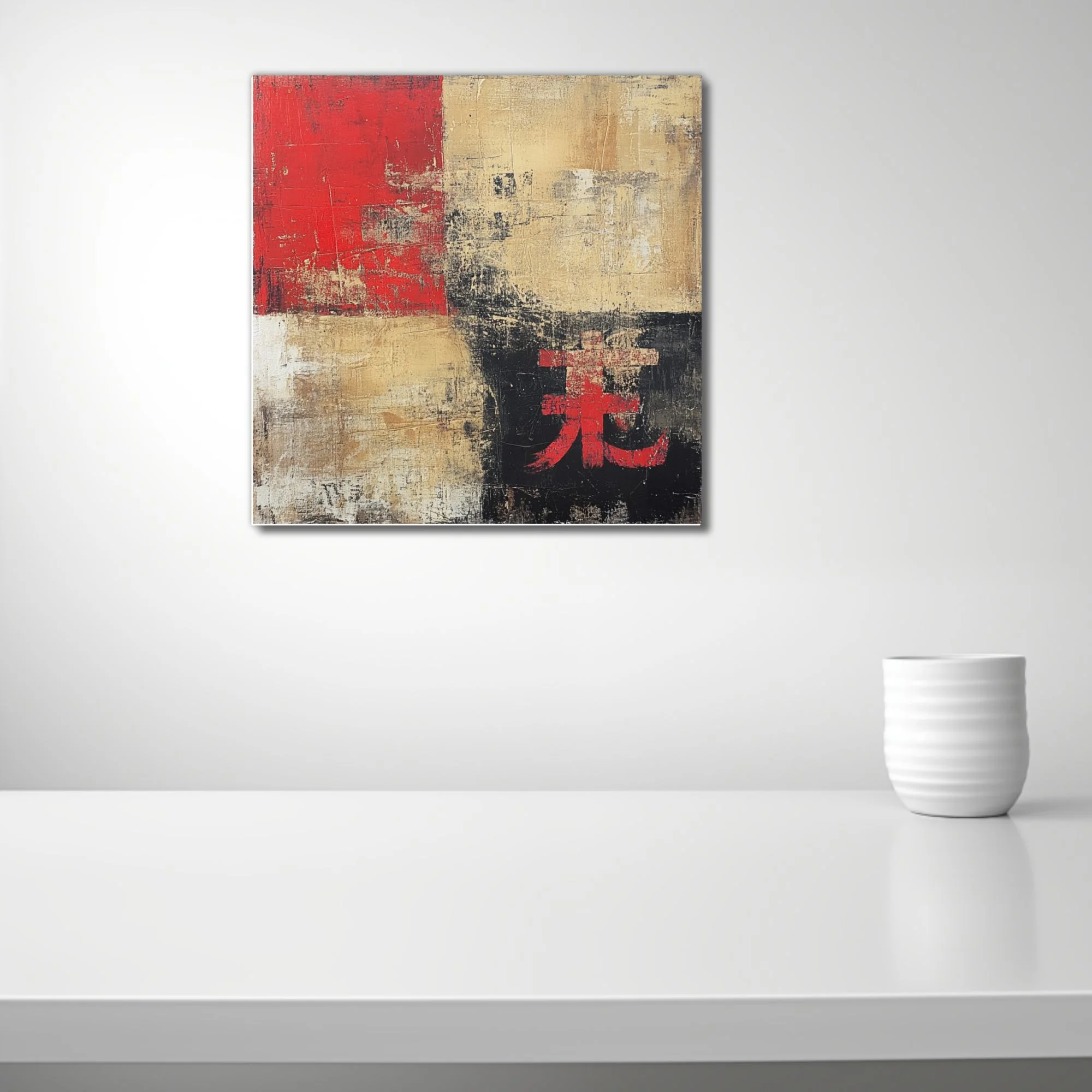 Abstract red, beige, and black color-block composition with weathered textures and Asian character motif
