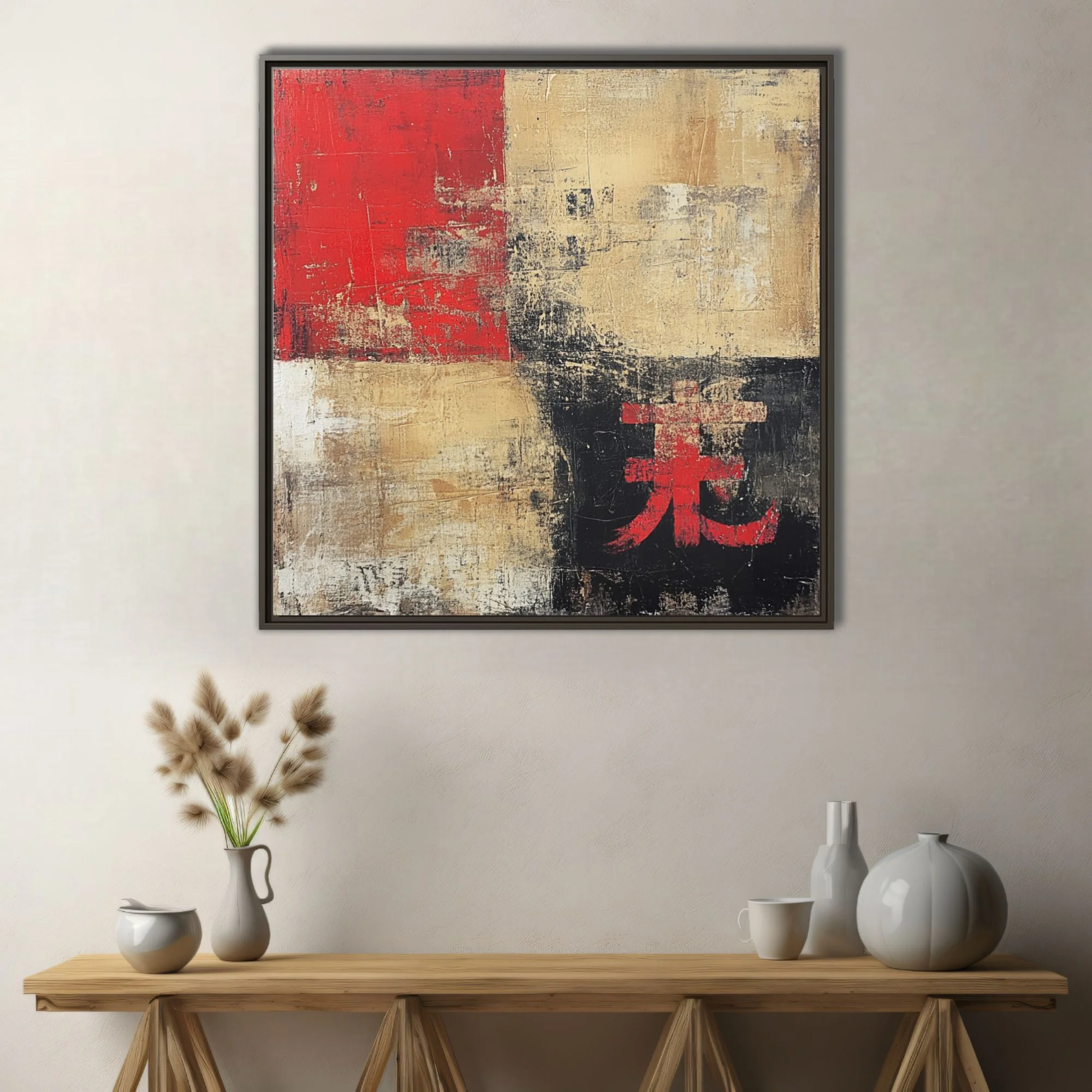 Abstract red, beige, and black color-block composition with weathered textures and Asian character motif