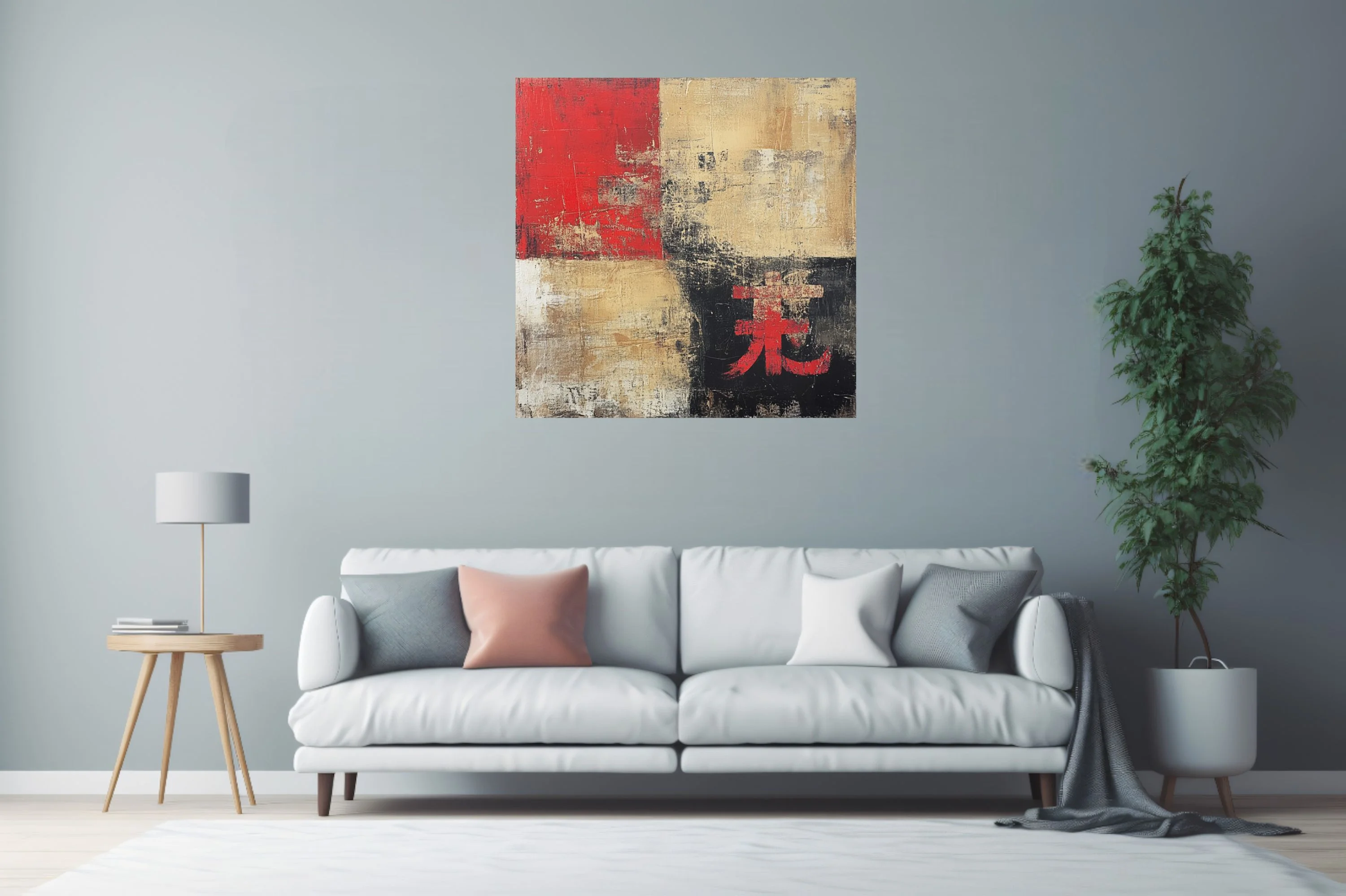 Abstract red, beige, and black color-block composition with weathered textures and Asian character motif