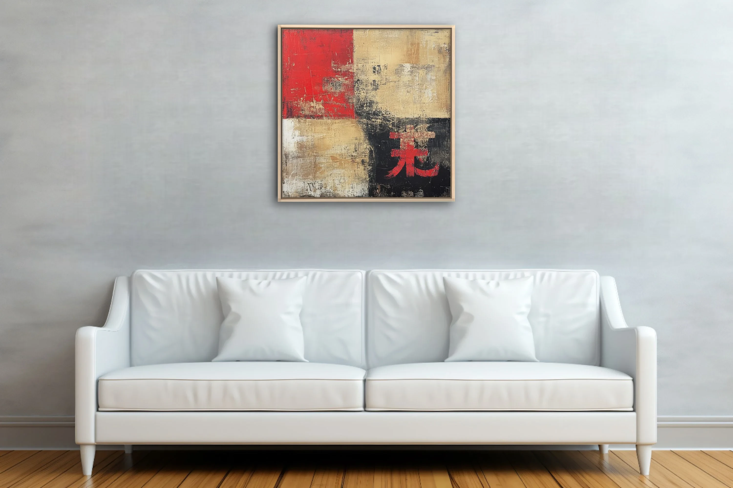 Abstract red, beige, and black color-block composition with weathered textures and Asian character motif