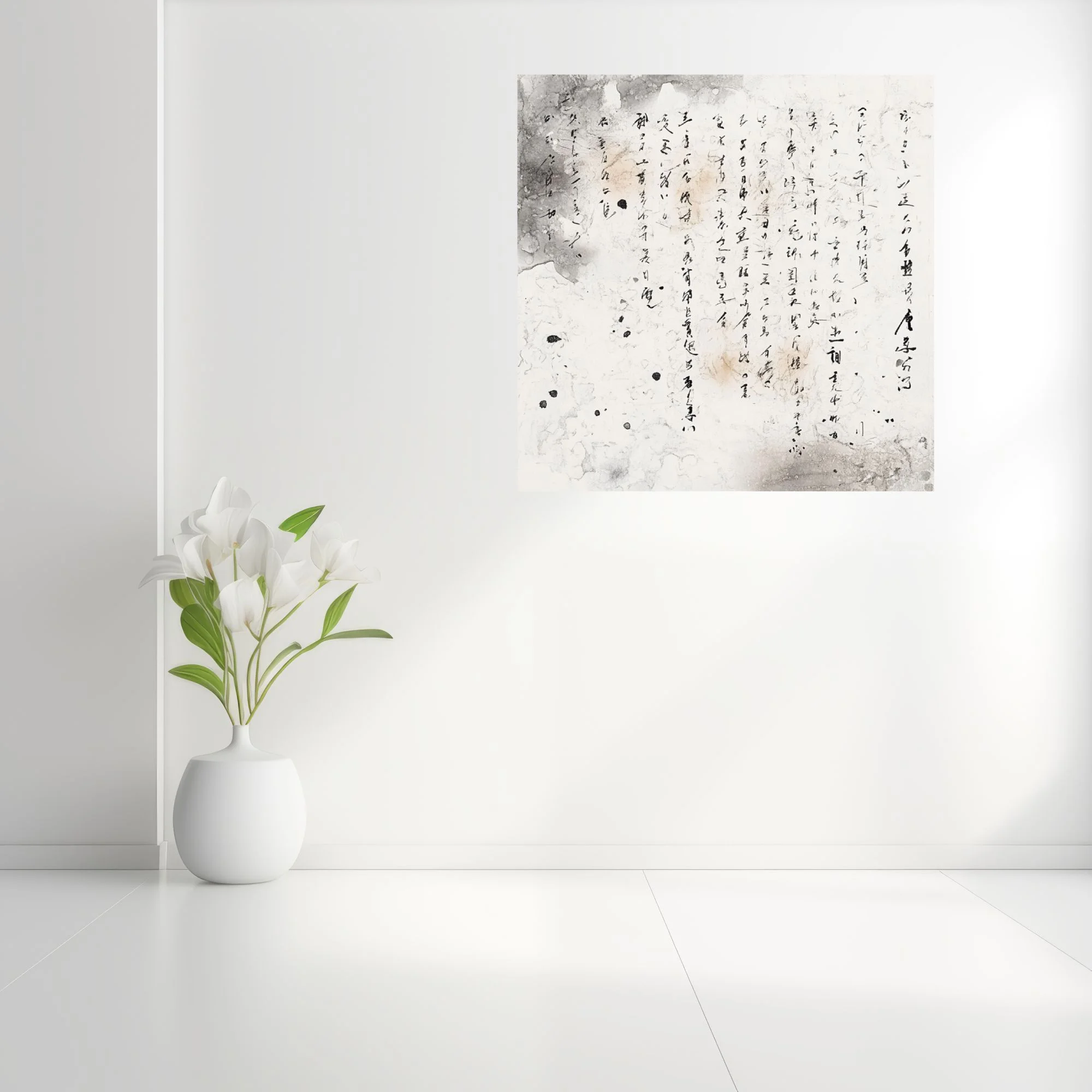 Ink-style East Asian cursive calligraphy on aged distressed parchment ground