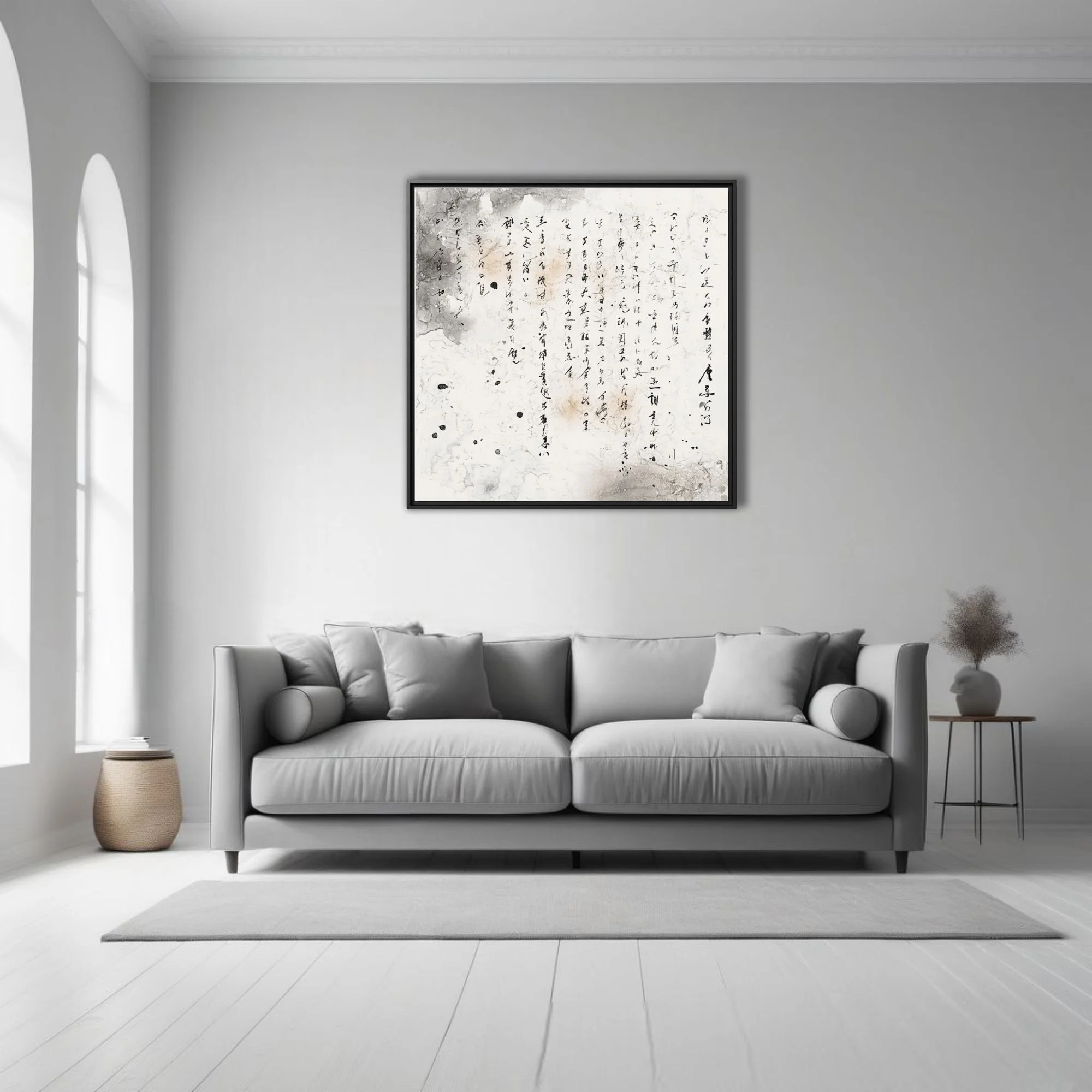 Ink-style East Asian cursive calligraphy on aged distressed parchment ground