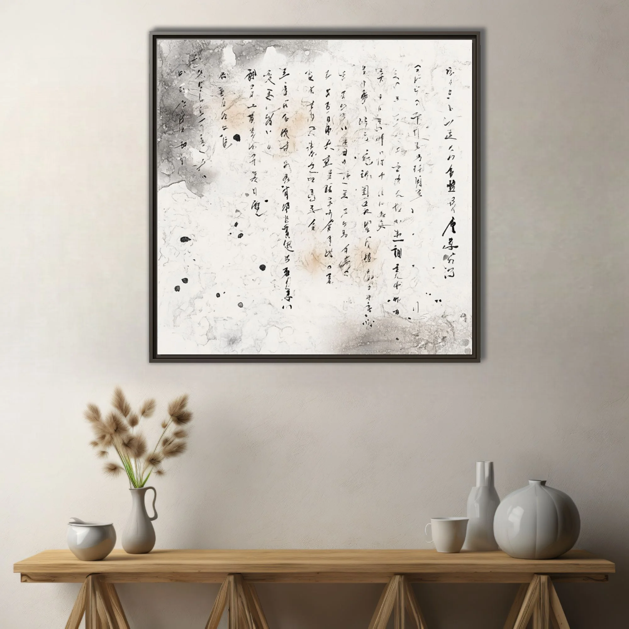 Ink-style East Asian cursive calligraphy on aged distressed parchment ground