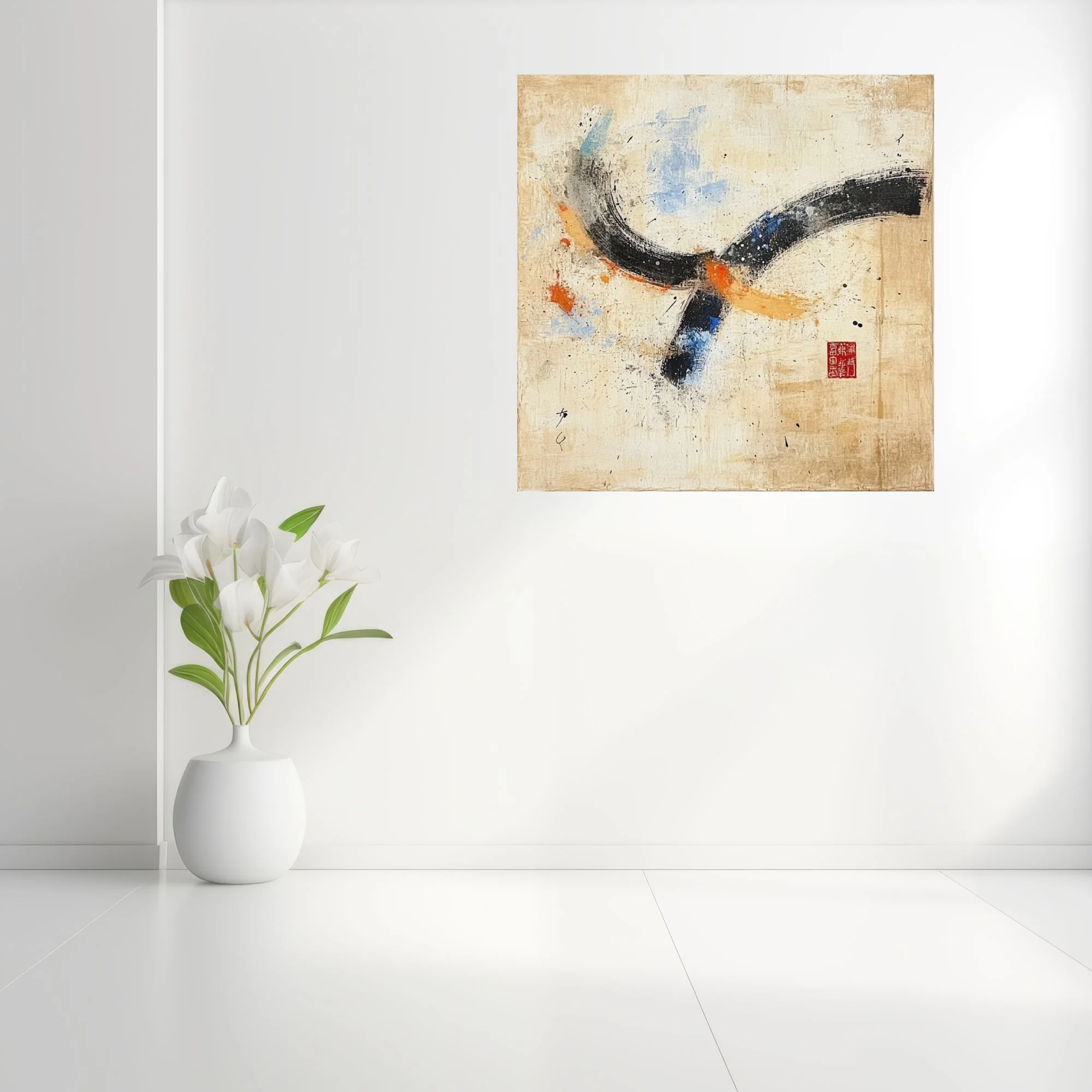 East Asian-inspired abstract with bold black strokes, blue and orange accents on aged cream ground