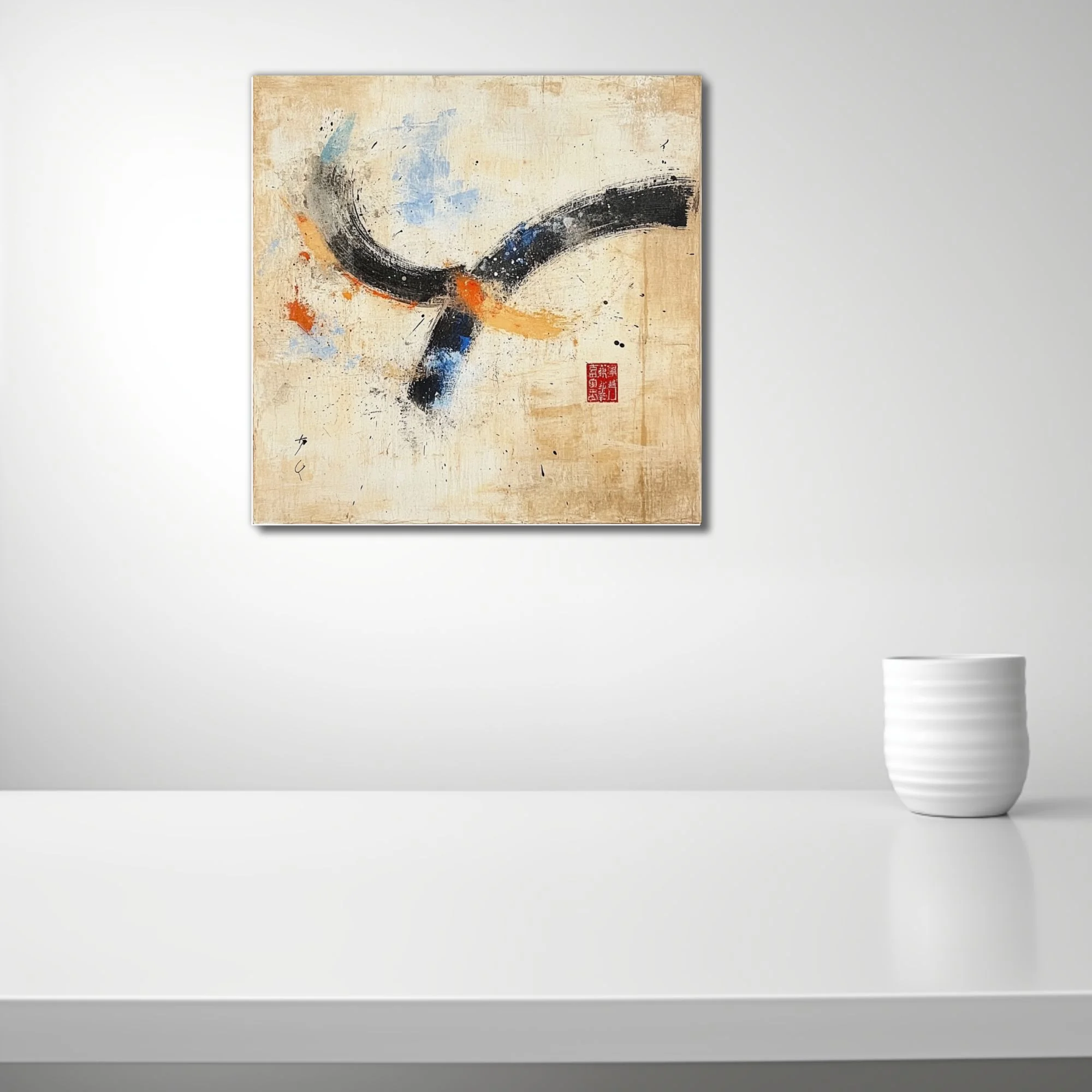 East Asian-inspired abstract with bold black strokes, blue and orange accents on aged cream ground