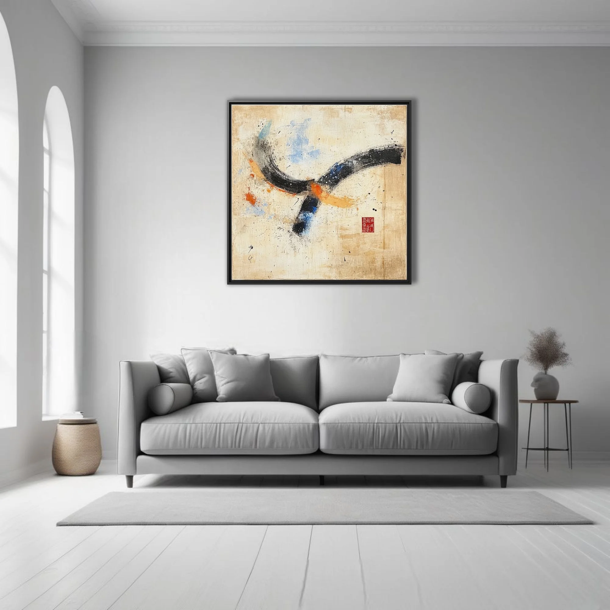 East Asian-inspired abstract with bold black strokes, blue and orange accents on aged cream ground