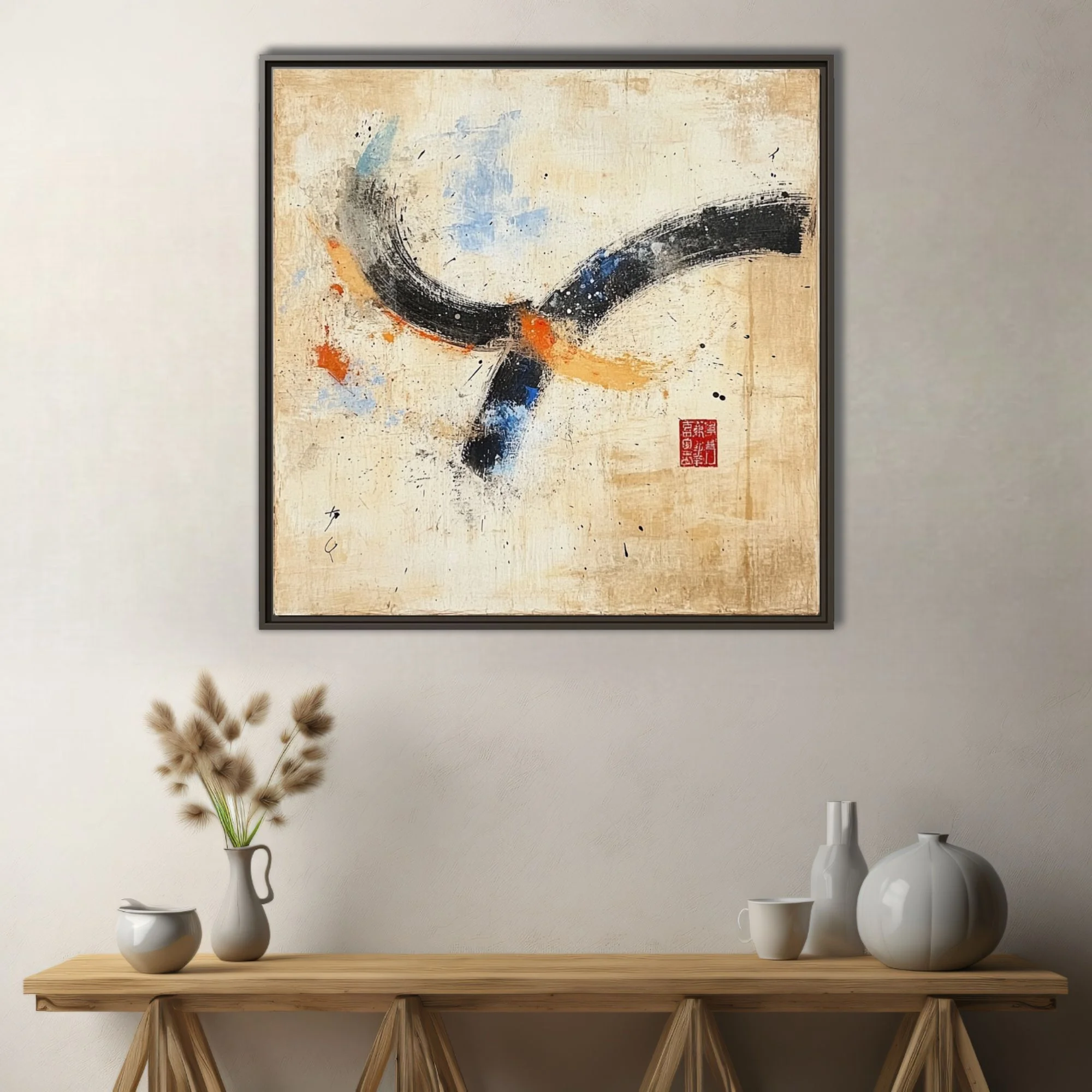 East Asian-inspired abstract with bold black strokes, blue and orange accents on aged cream ground