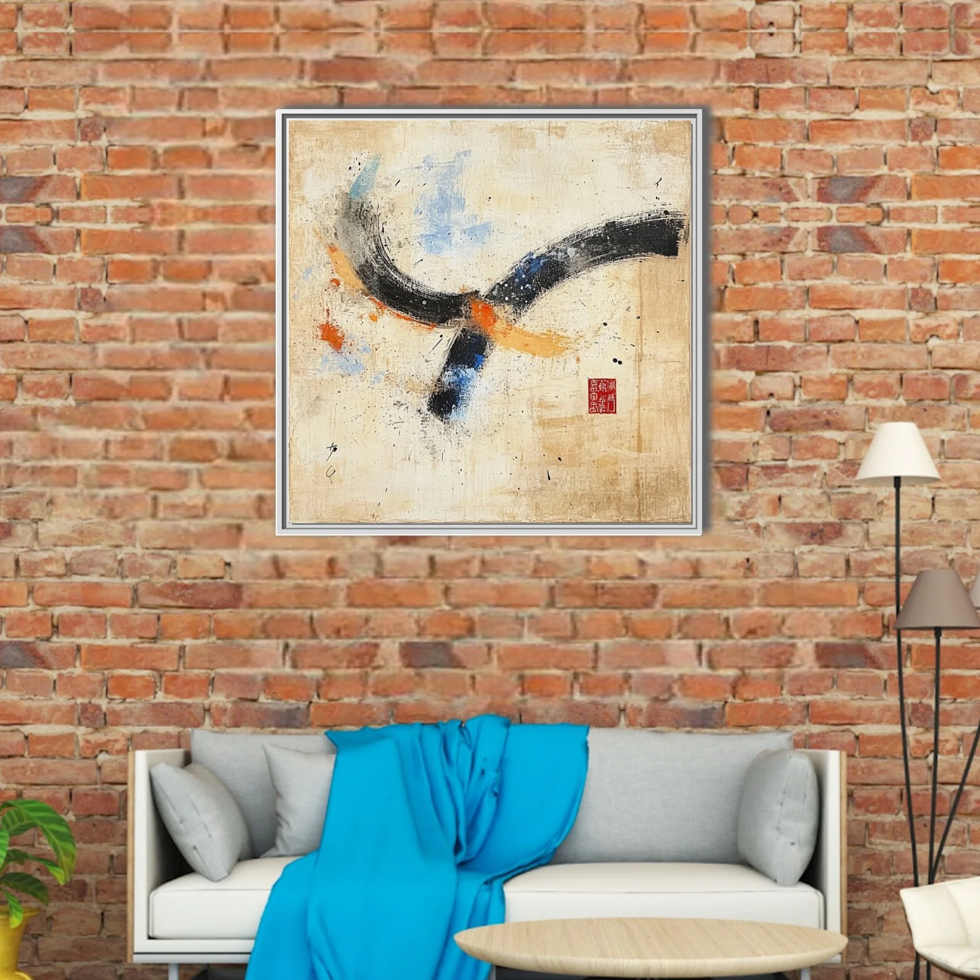 East Asian-inspired abstract with bold black strokes, blue and orange accents on aged cream ground