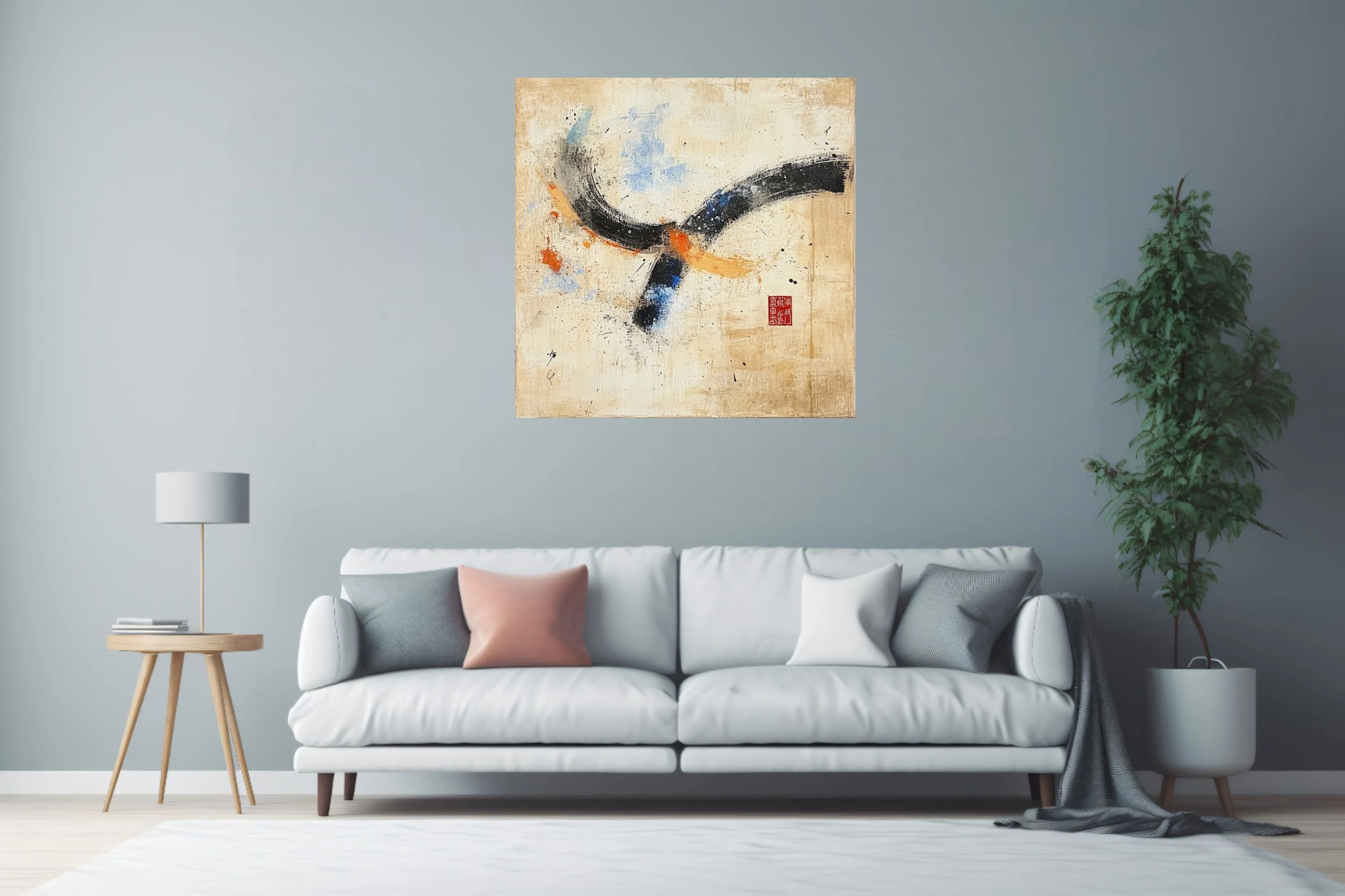 East Asian-inspired abstract with bold black strokes, blue and orange accents on aged cream ground
