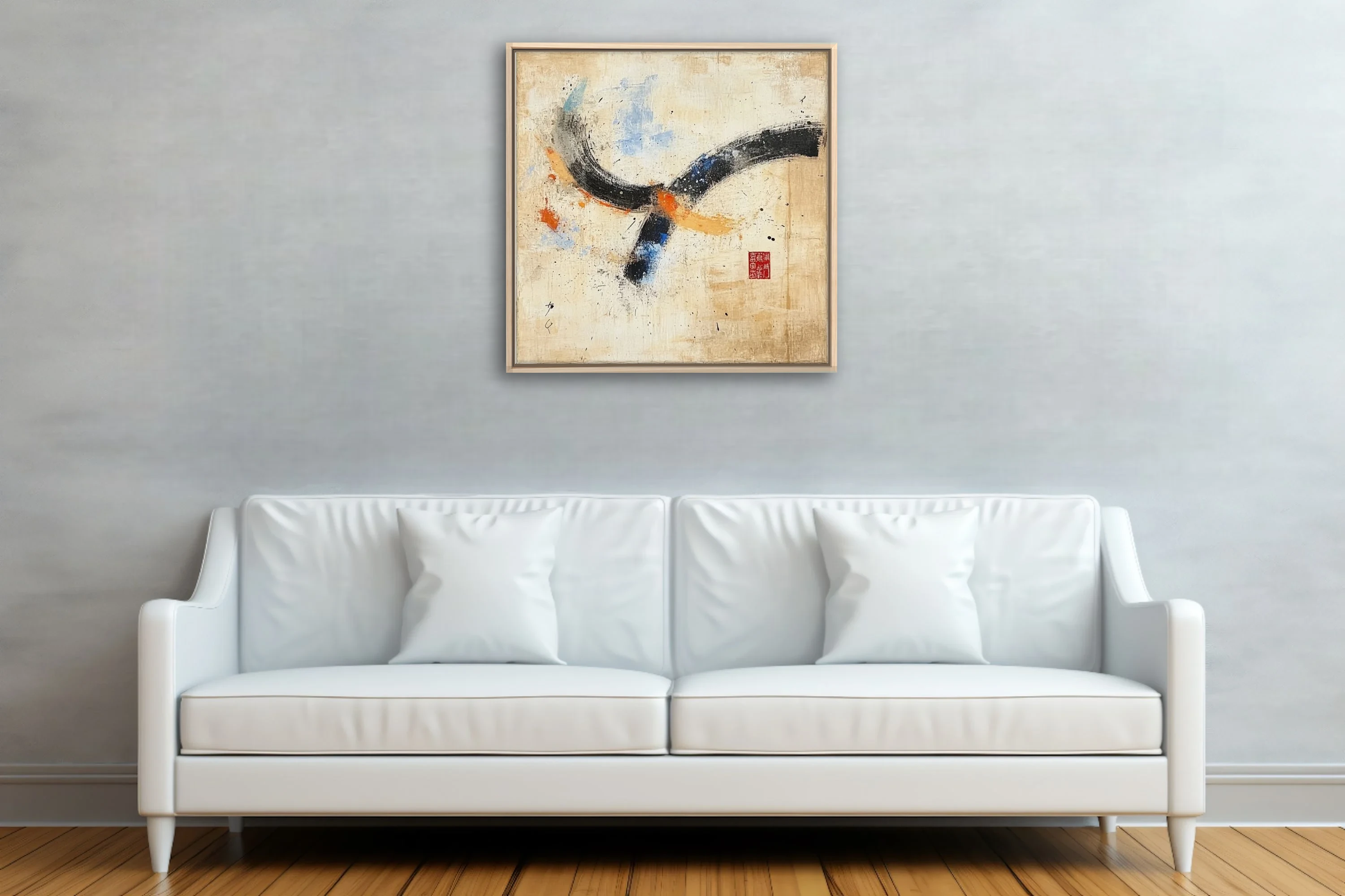 East Asian-inspired abstract with bold black strokes, blue and orange accents on aged cream ground