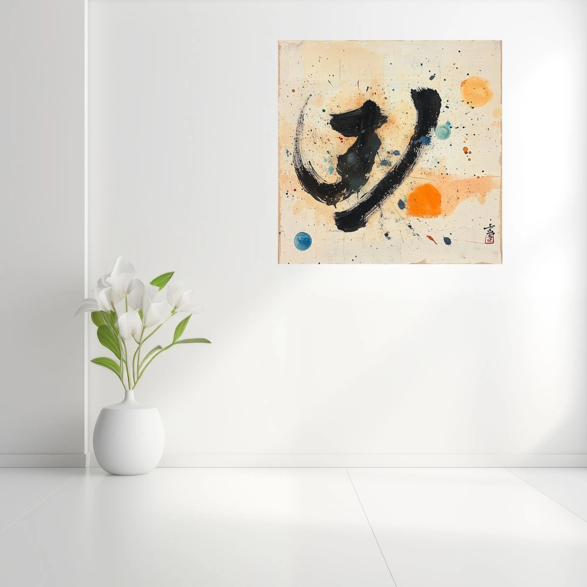Gestural black stroke abstract with orange and blue orbs on cream, East Asian calligraphic style