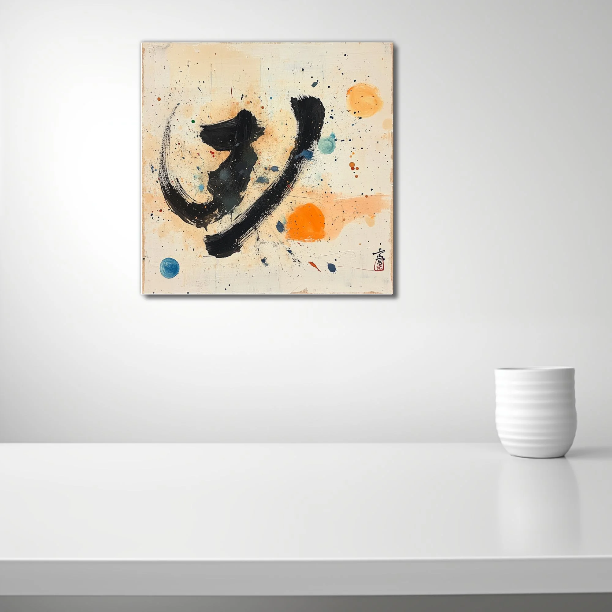 Gestural black stroke abstract with orange and blue orbs on cream, East Asian calligraphic style