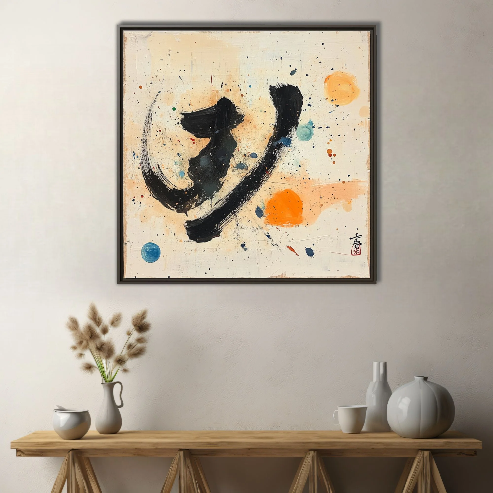 Gestural black stroke abstract with orange and blue orbs on cream, East Asian calligraphic style