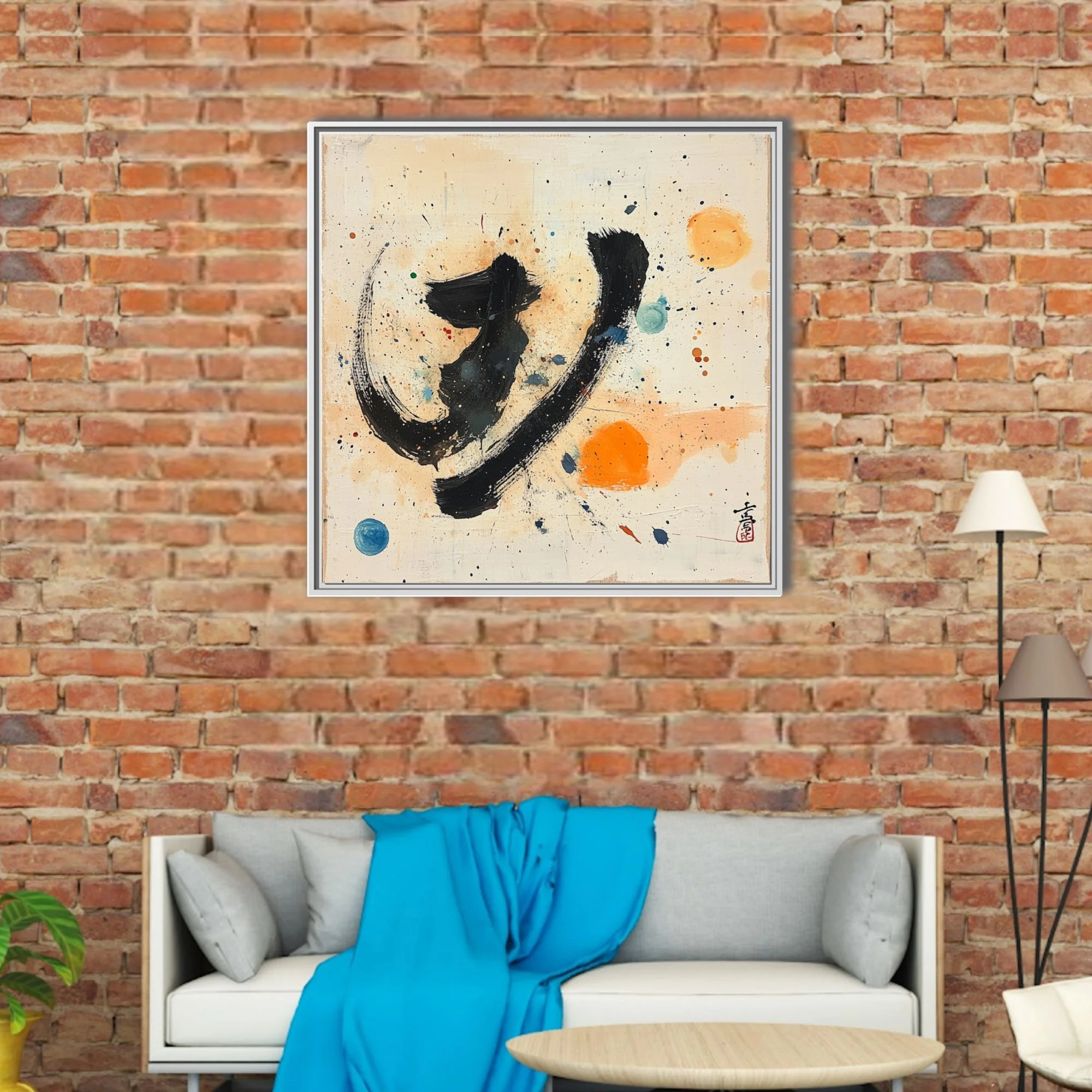 Gestural black stroke abstract with orange and blue orbs on cream, East Asian calligraphic style