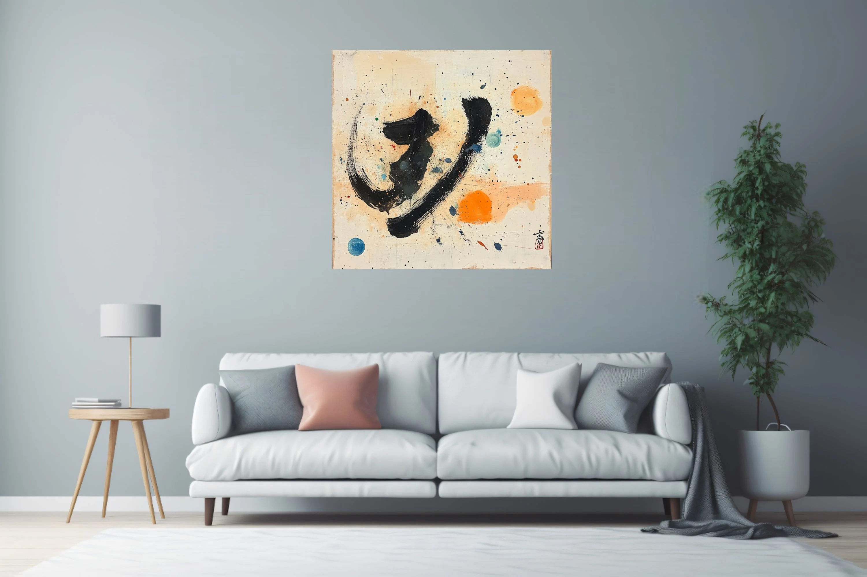 Gestural black stroke abstract with orange and blue orbs on cream, East Asian calligraphic style