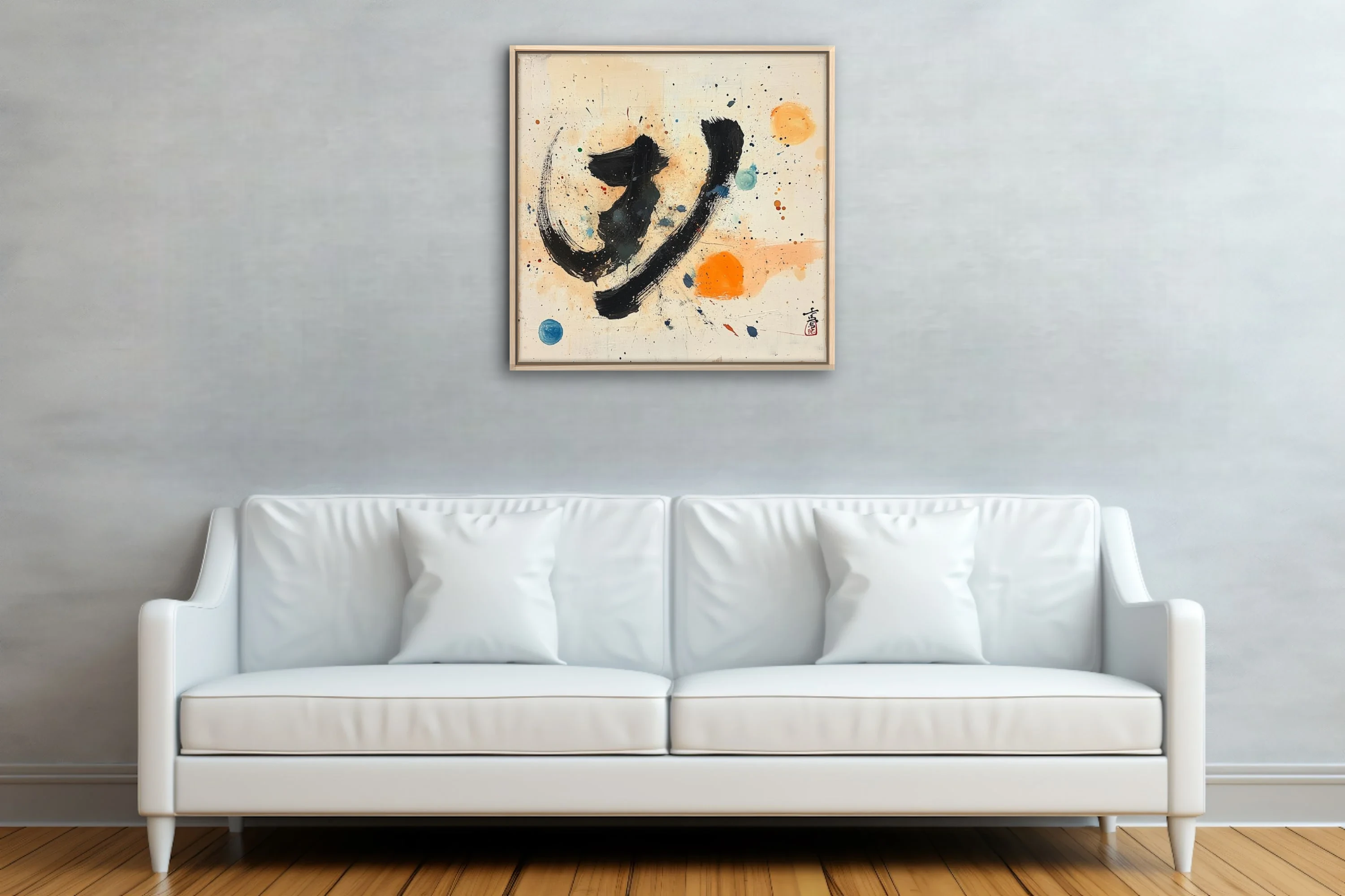Gestural black stroke abstract with orange and blue orbs on cream, East Asian calligraphic style