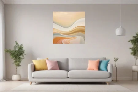 Abstract fluid waves in warm sand, gold, and soft terracotta tones — wall art