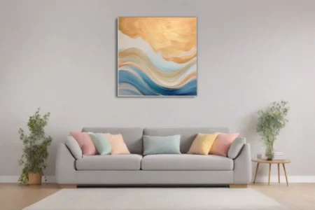 Abstract wave art with gold and blue strokes and gilded accents