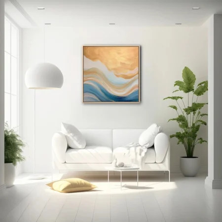 Abstract wave art with gold and blue strokes and gilded accents