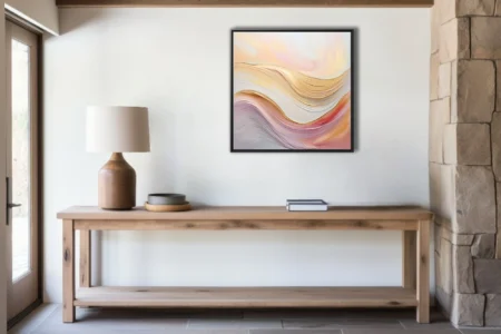 Abstract wave art in pastel blush, gold, and lavender tones